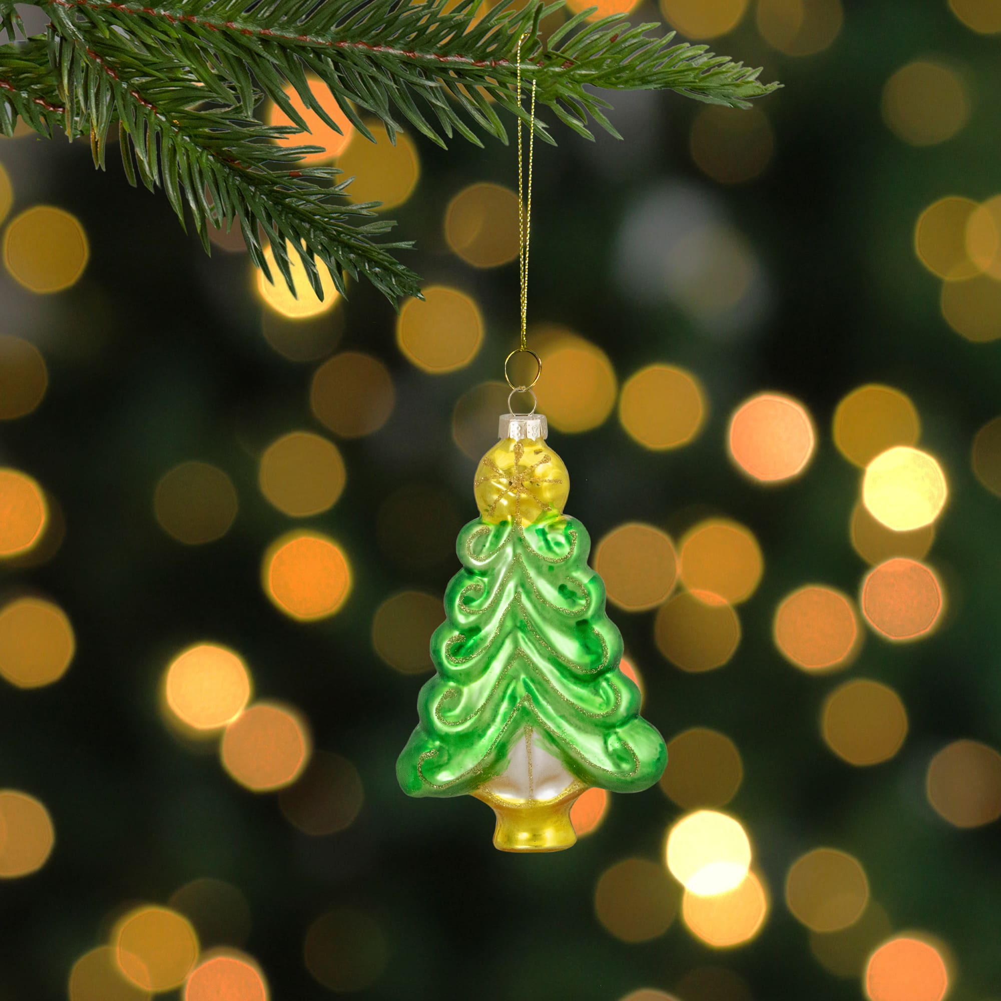 5" Pearl & Glitter Green & Gold Glass Christmas Tree Hanging Ornament