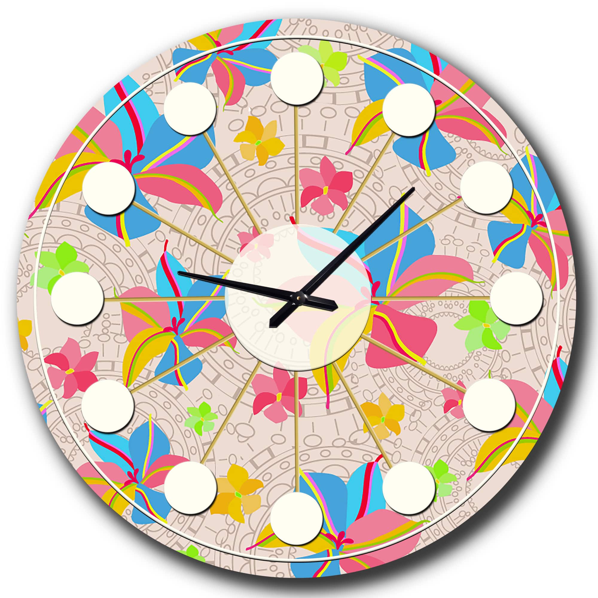 Designart 'Retro Pink Yellow Flowers Mid-Century Modern Wall Clock