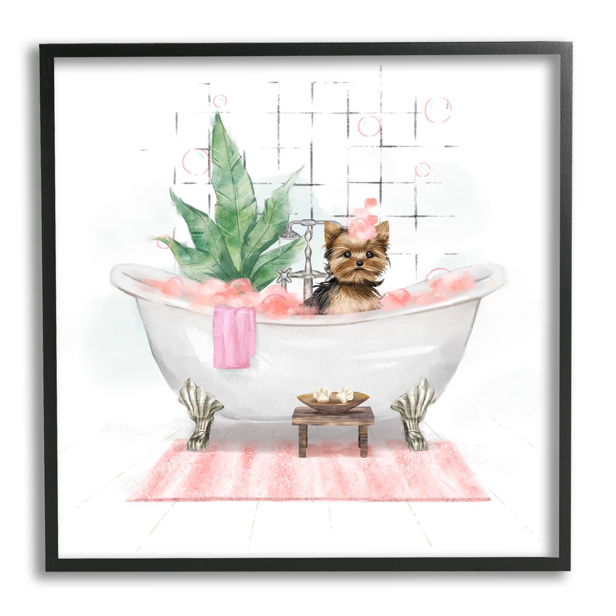 Stupell Industries Chic Yorkie Dog in Pink Bubble Bath Framed Wall Art
