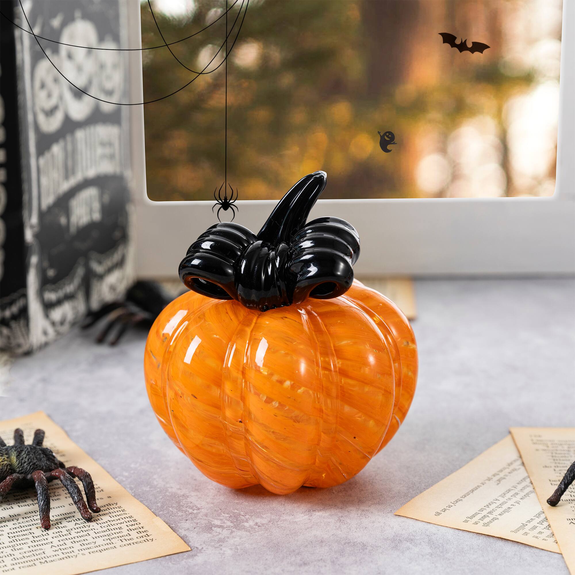 Glitzhome® 4.75" Halloween Striped Glass Pumpkin with Bow