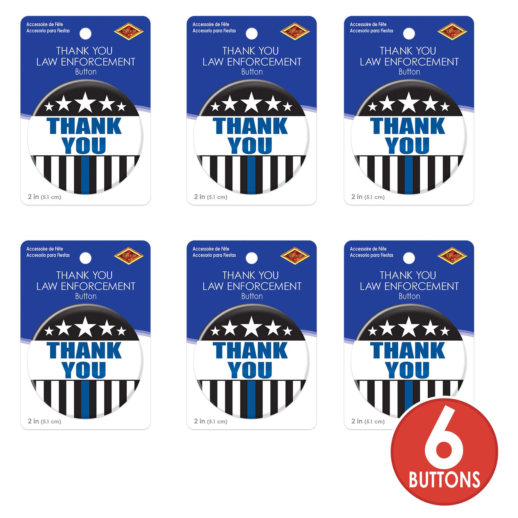 Beistle 2" Blue Stripe Thank You Law Enforcement Buttons, 6ct.
