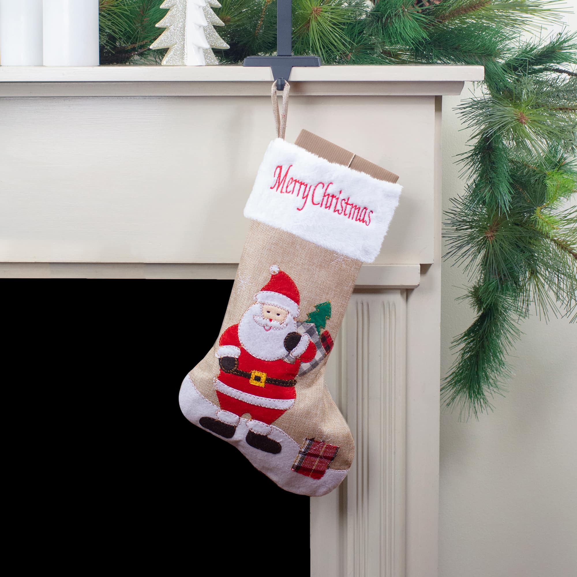 19" Beige & Red Burlap Santa Christmas Stocking