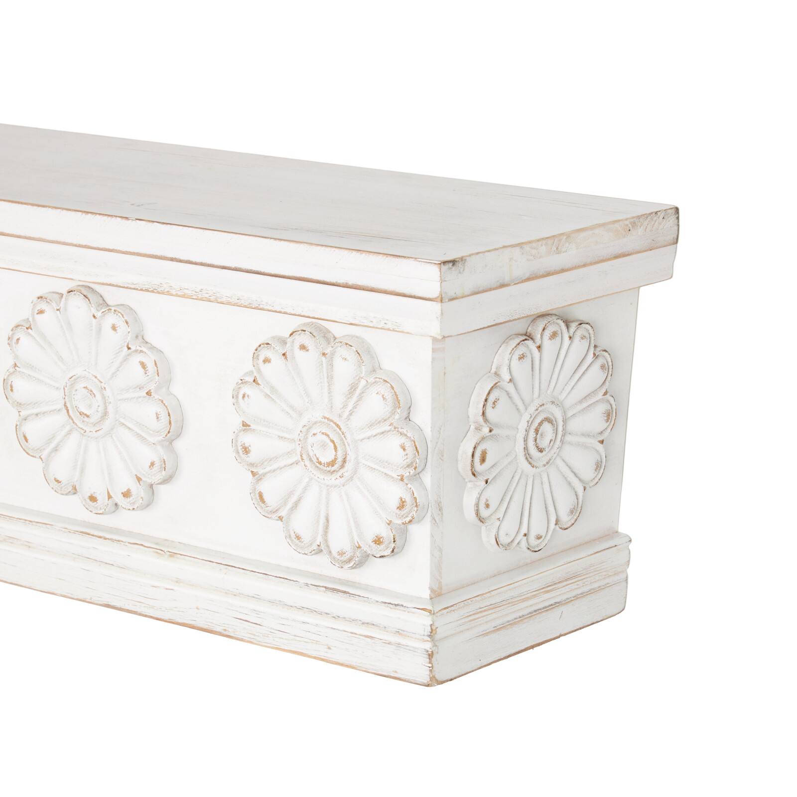 White Wooden Floral Room Wall Shelf with Brown Distressing