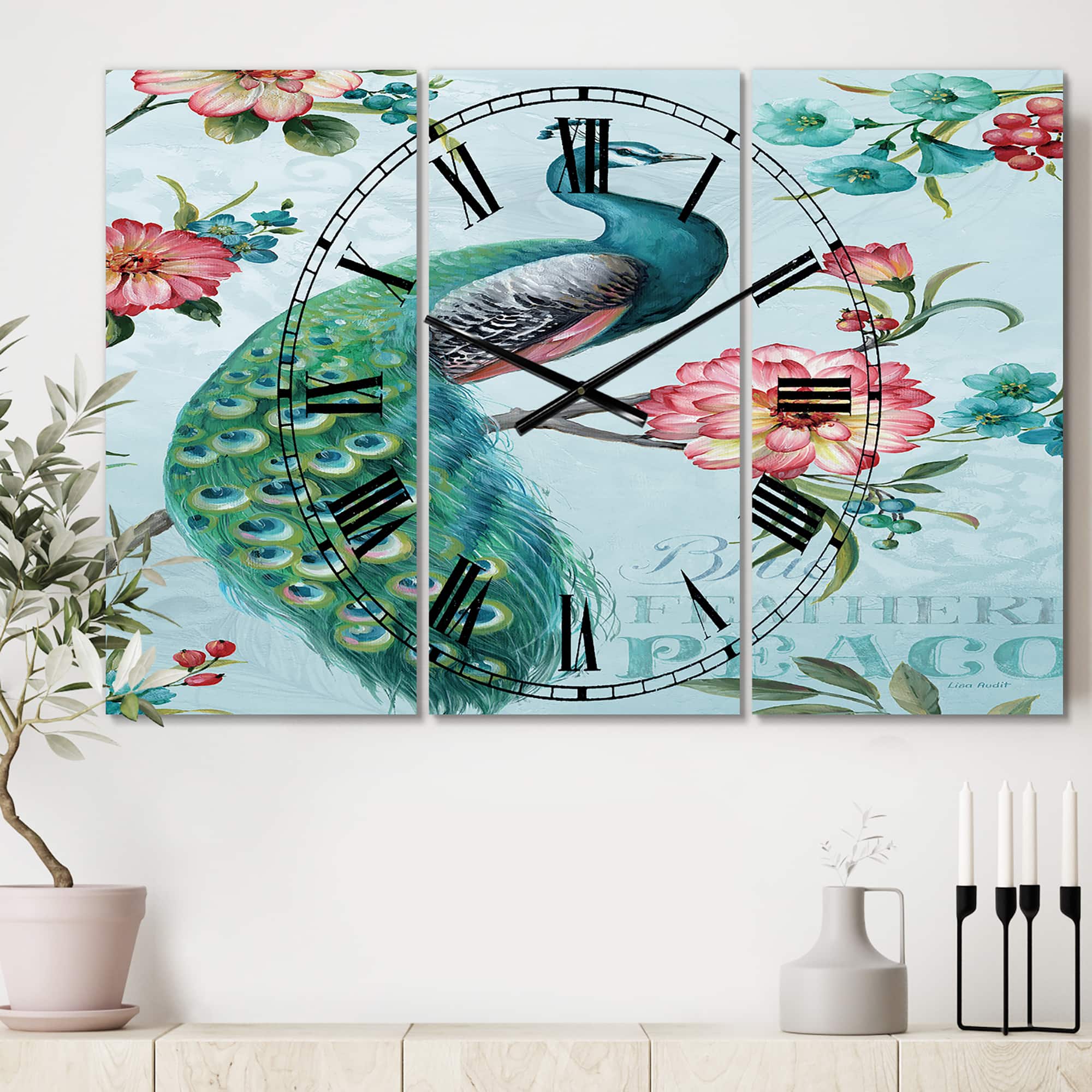 Designart 'Handpainted Peacock Traditional Multipanel Wall Clock