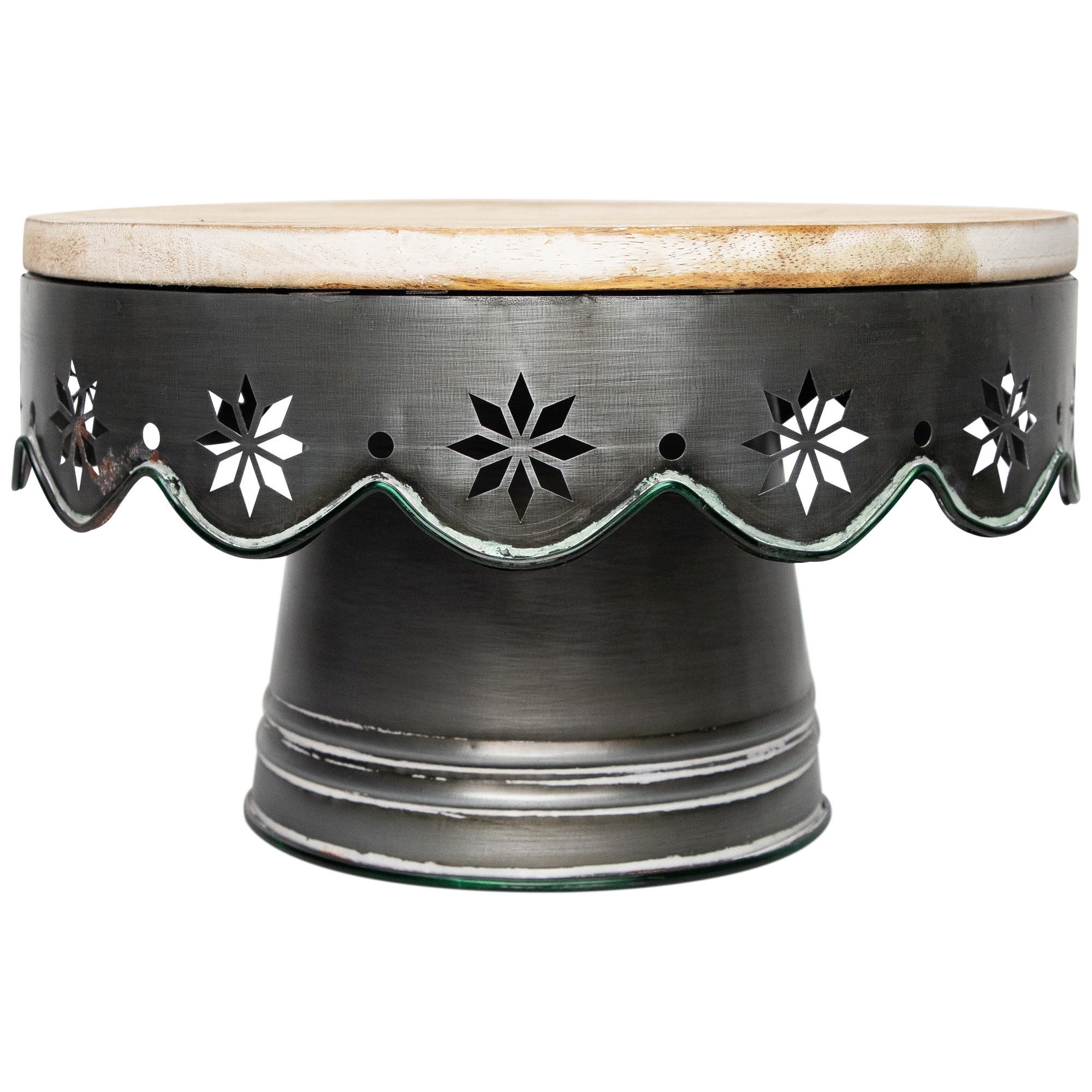12" Laser-Cut Snowflake Distressed Iron & Wood Cake Stand