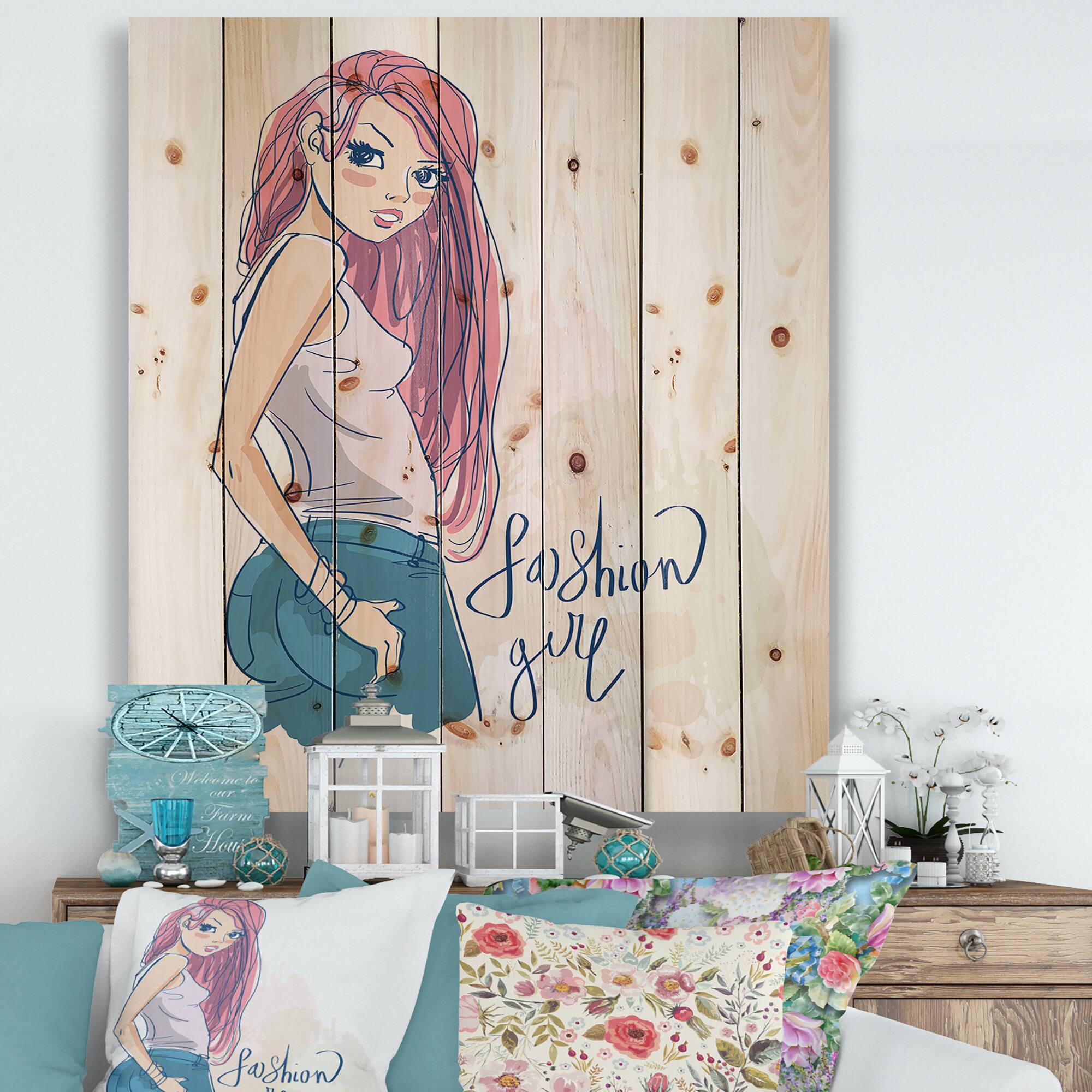 Designart - Trendy Fashion Girl I - Children's Art Print on Natural Pine Wood
