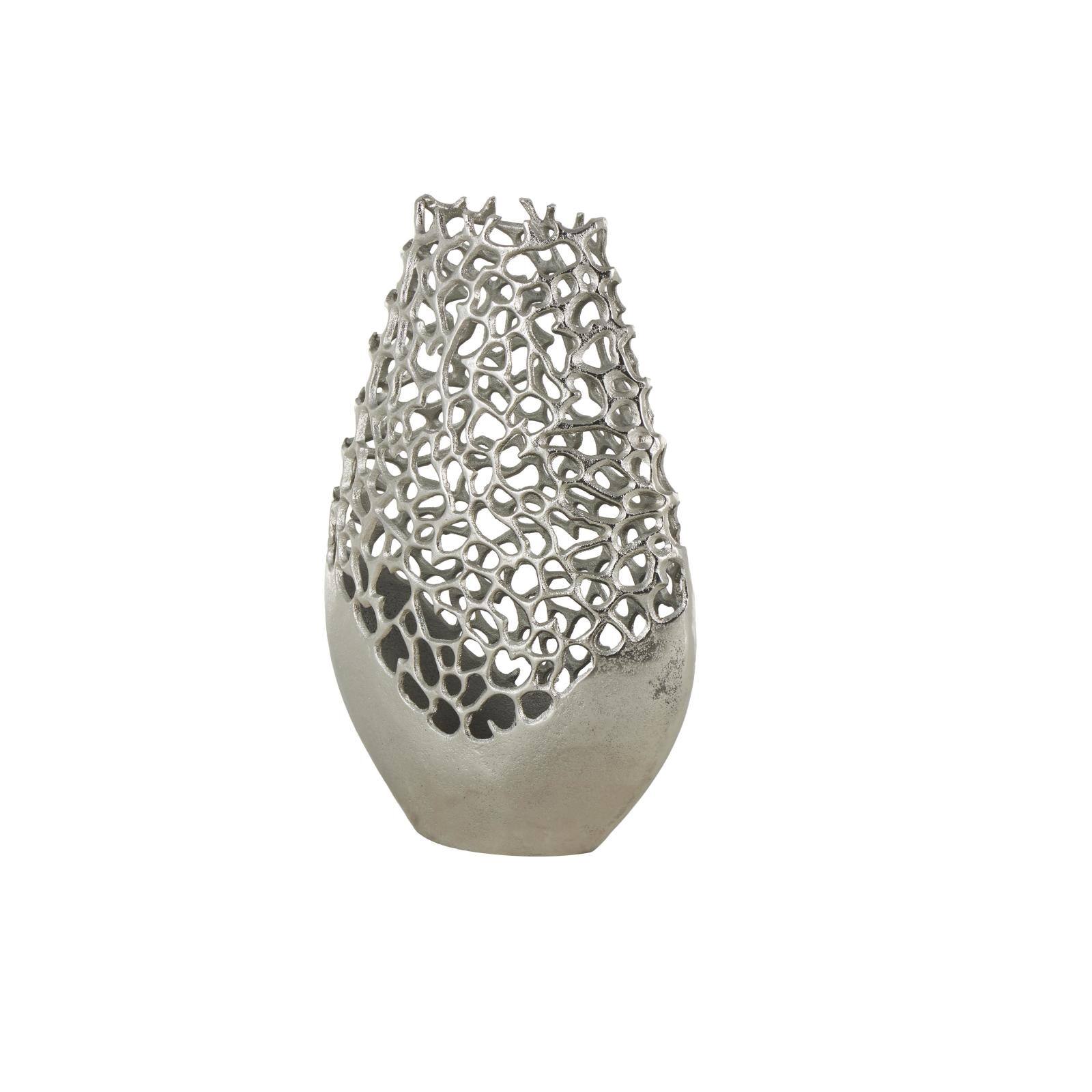 21" Silver Aluminum Metal Rounded Vase with Freeform Open Lattice Work