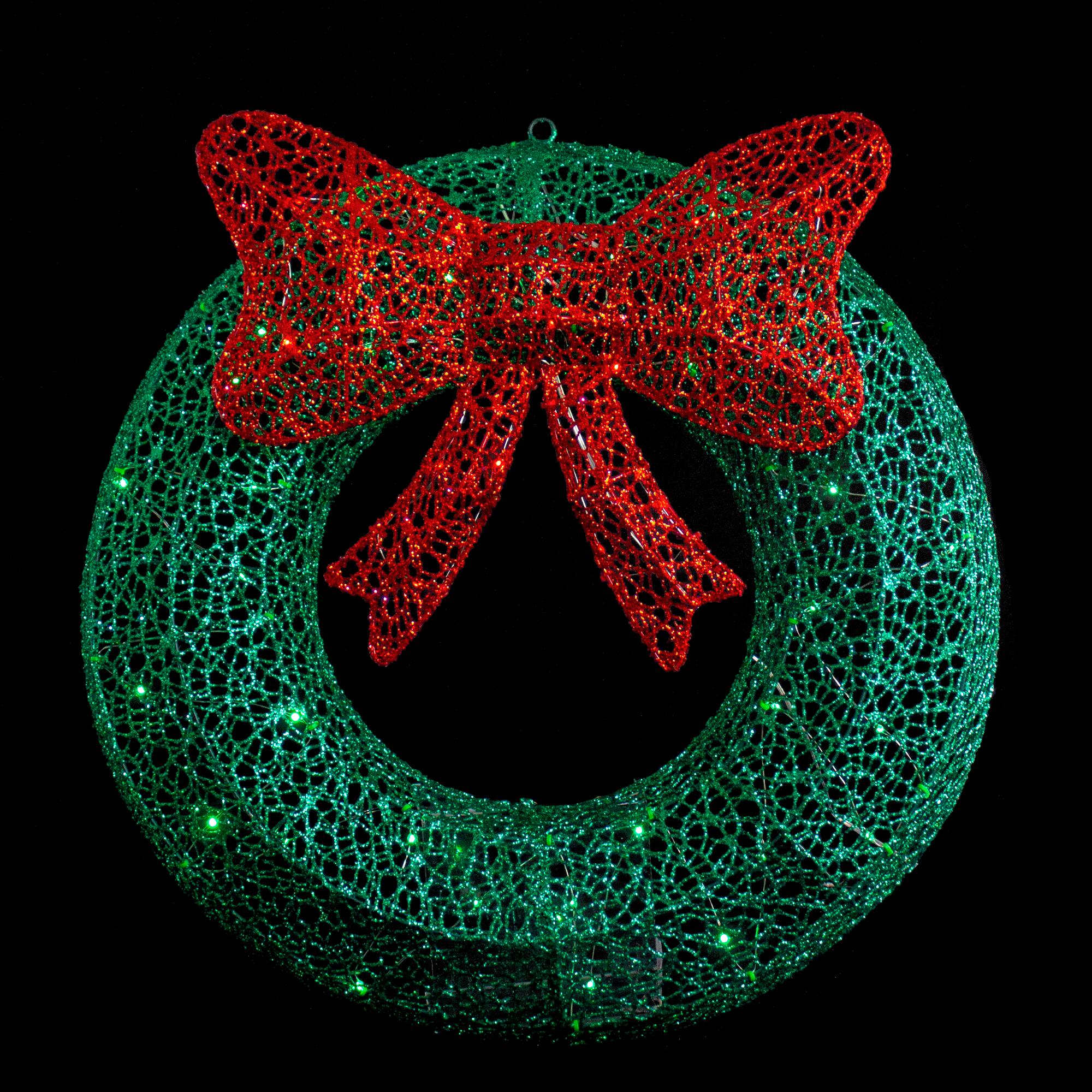 24" LED Green Glitter Wreath with Red Bow
