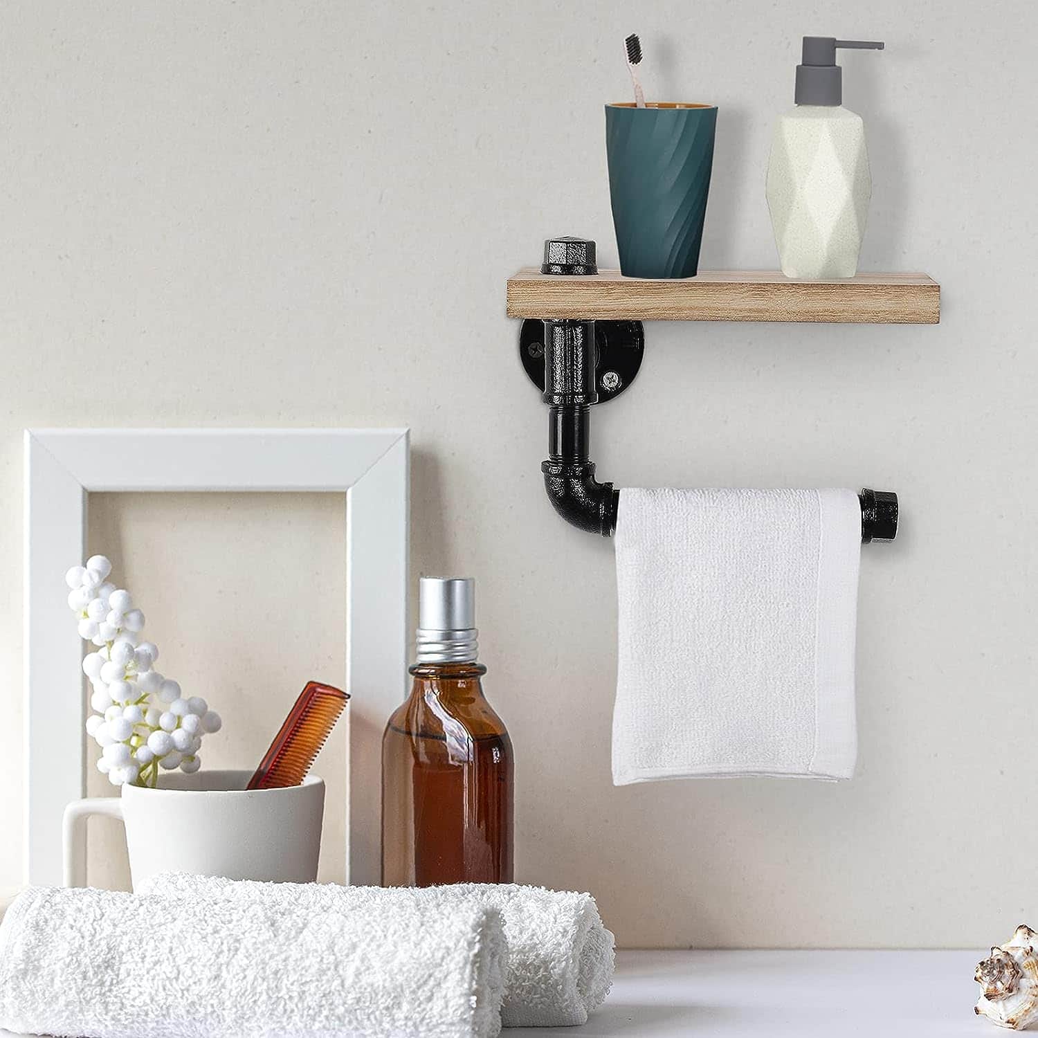Natural Brown Industrial Wall-Mounted Rustic Toilet Paper Holder with Wood Shelf