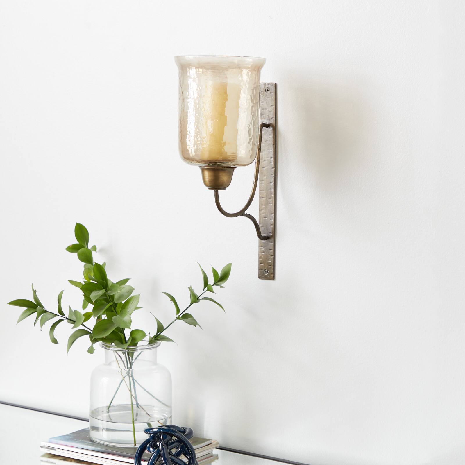 Bronze Iron and Glass Traditional Candle Wall Sconce, 17" x 7" x 9"