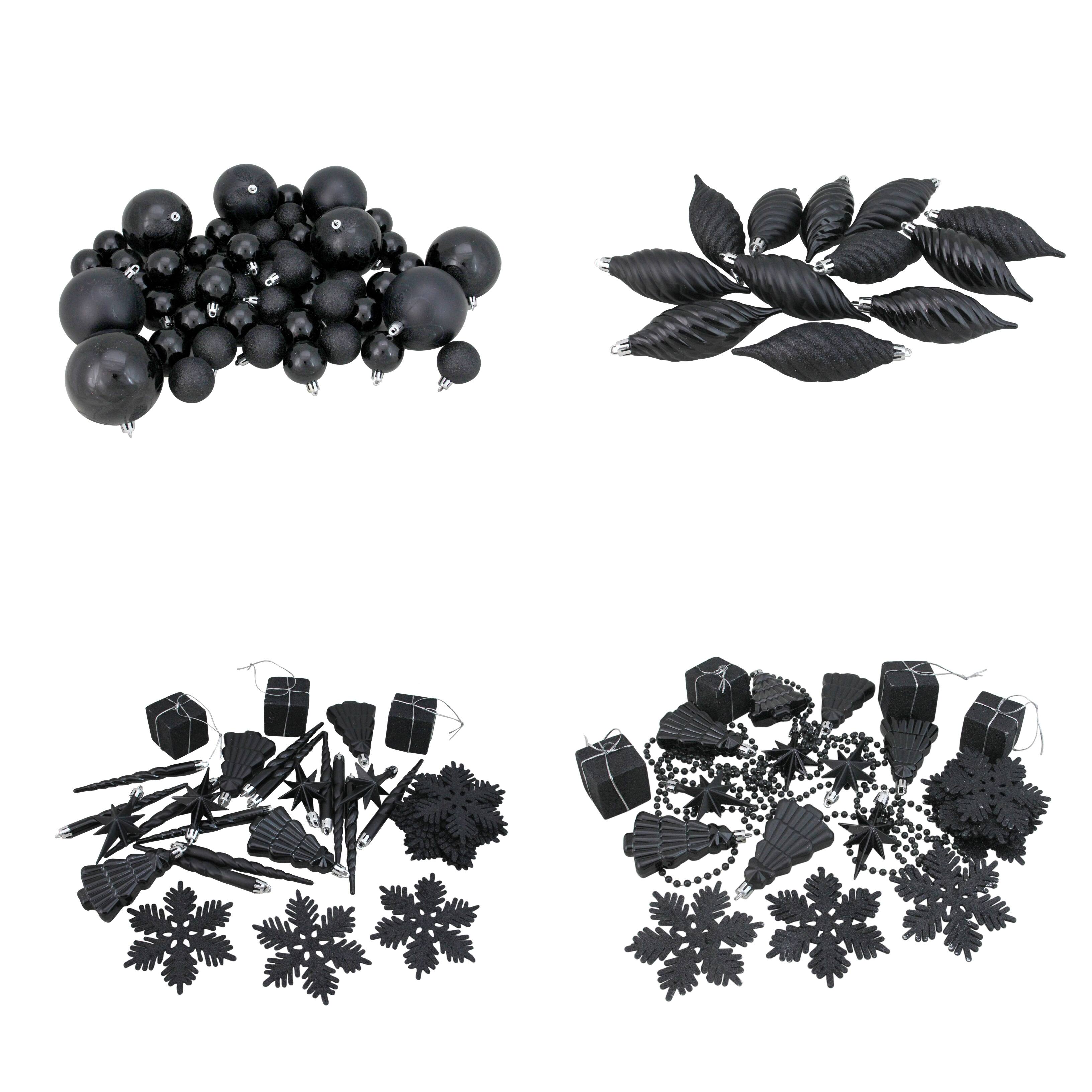 125ct. Jet Black Shatterproof 4-Finish Christmas Ornaments