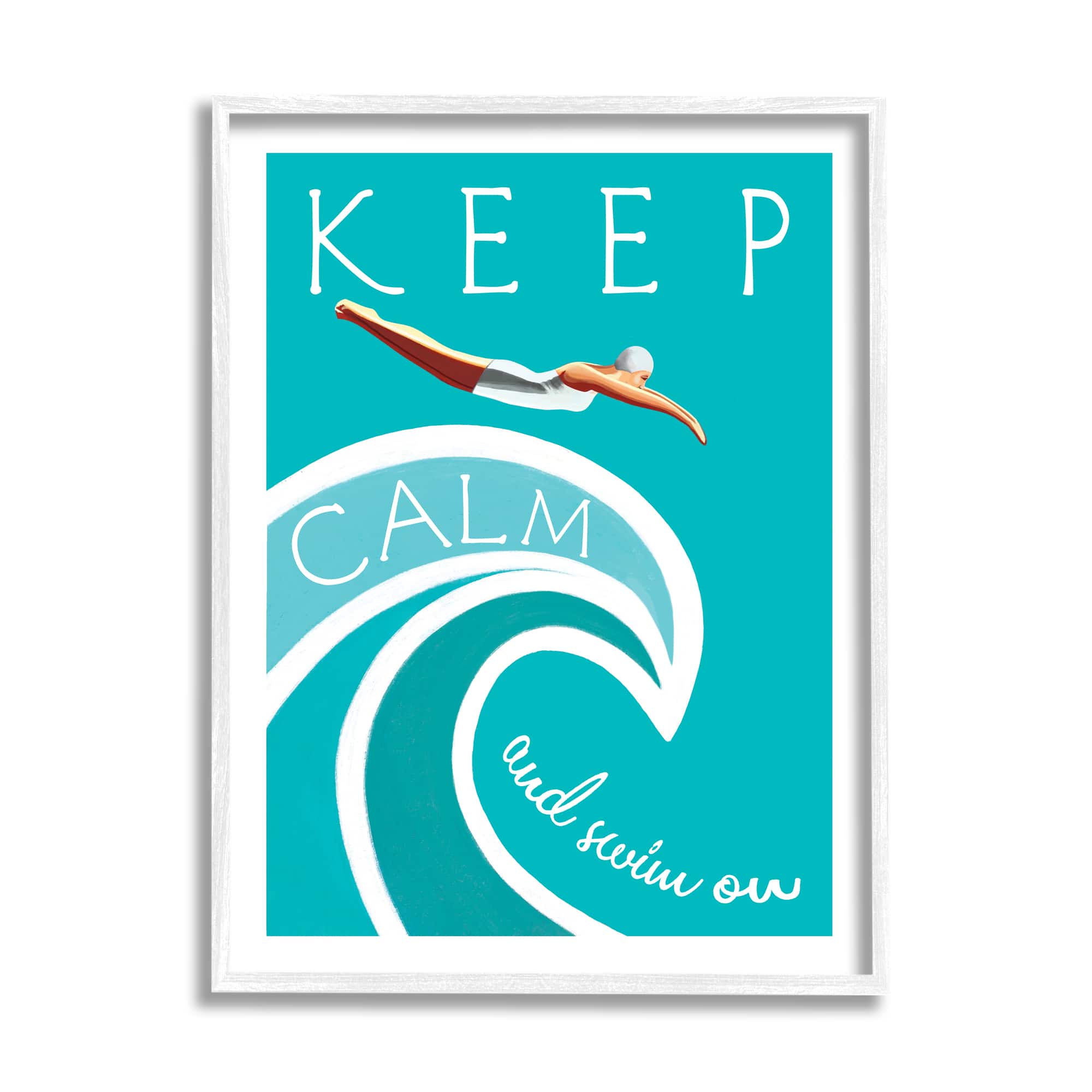 Stupell Industries Keep Calm Swim On Phrase Female Diver Blue Wave in White Frame Wall Art