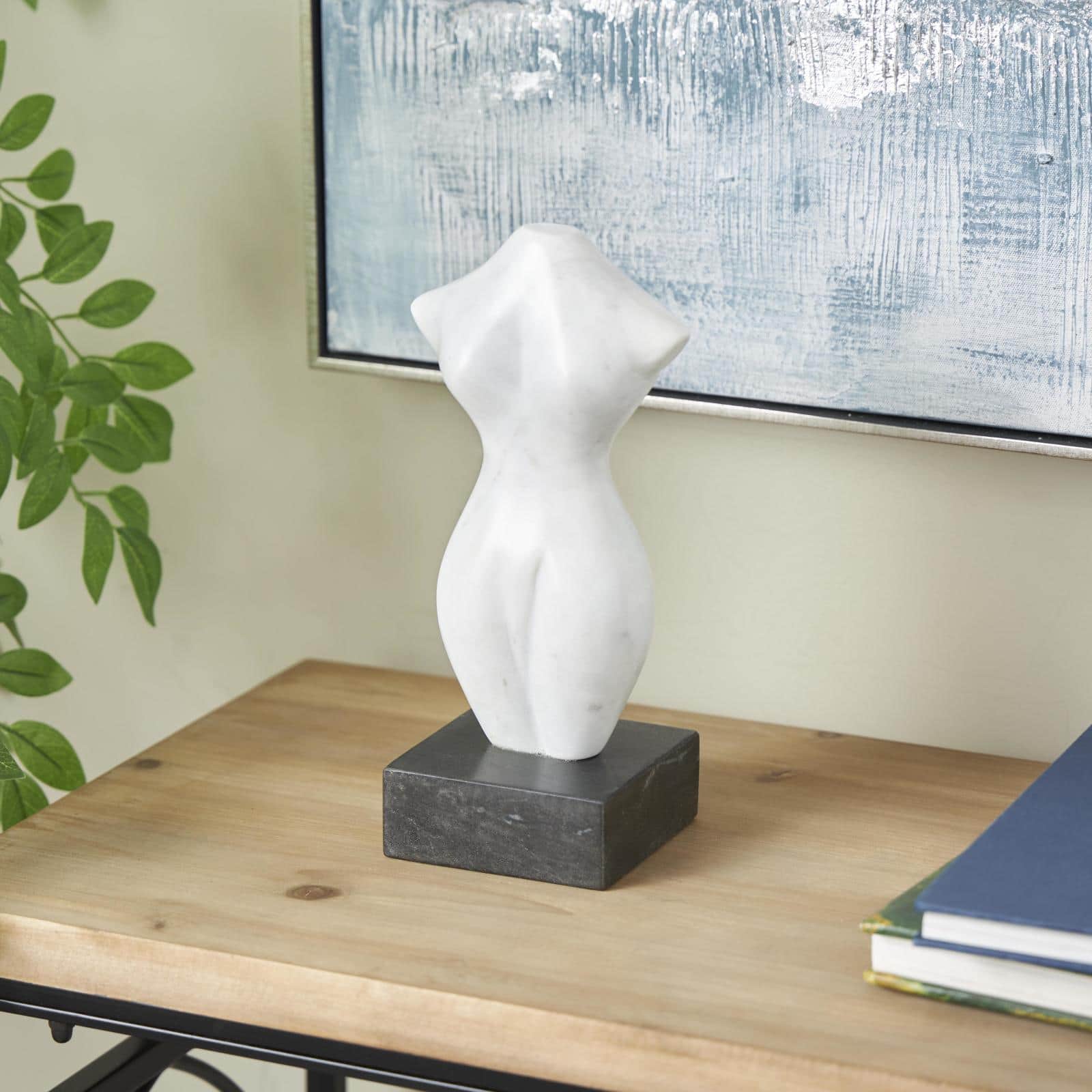 10.75" White with Black Block Base Marble Woman Abstract Female Form Sculpture