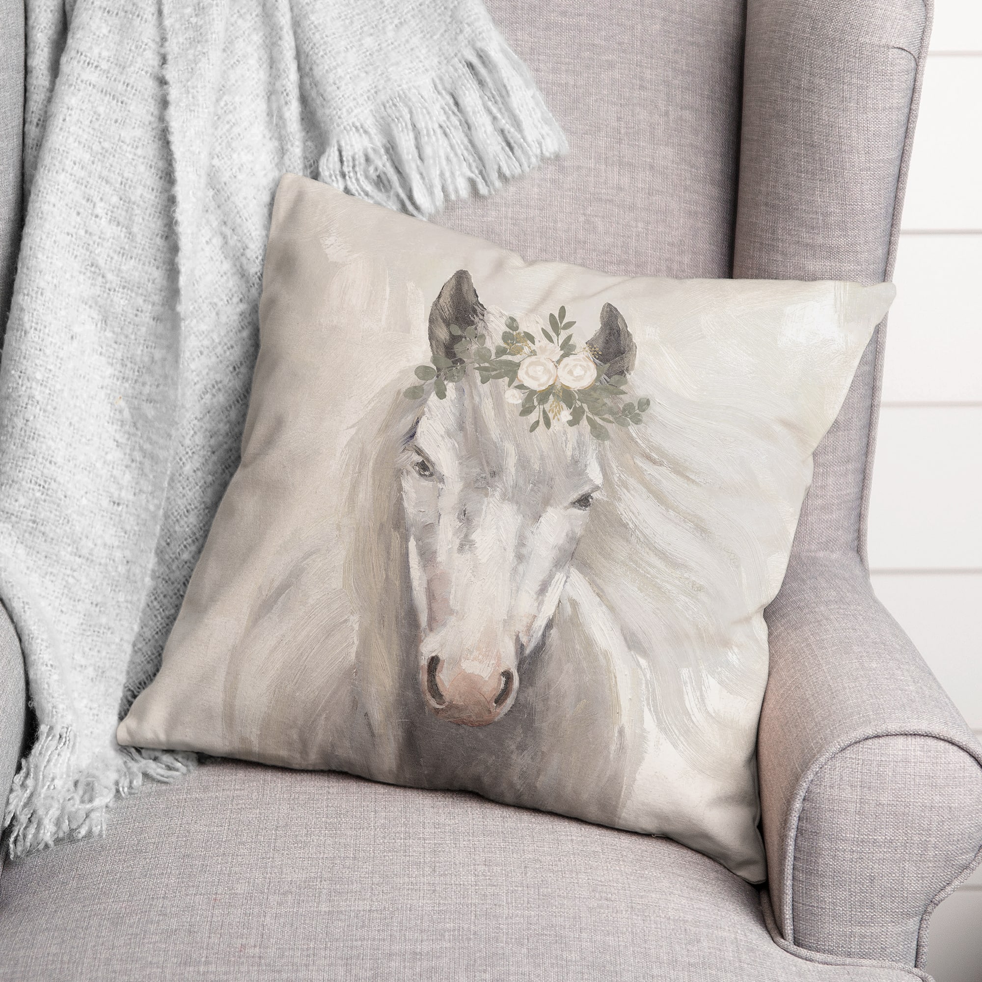 Horse With Flower Crown 18" x 18" Throw Pillow