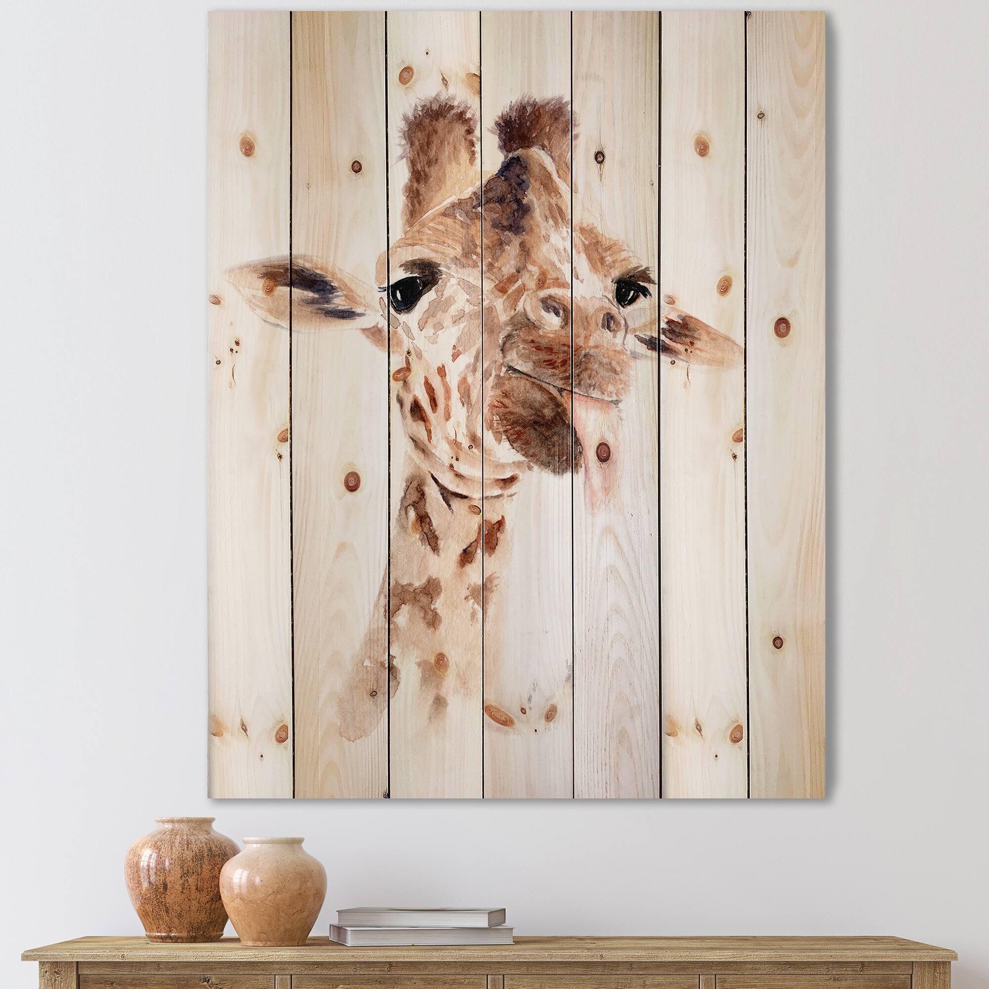 Designart - Portrait of A Giraffe VIII - Farmhouse Print on Natural Pine Wood