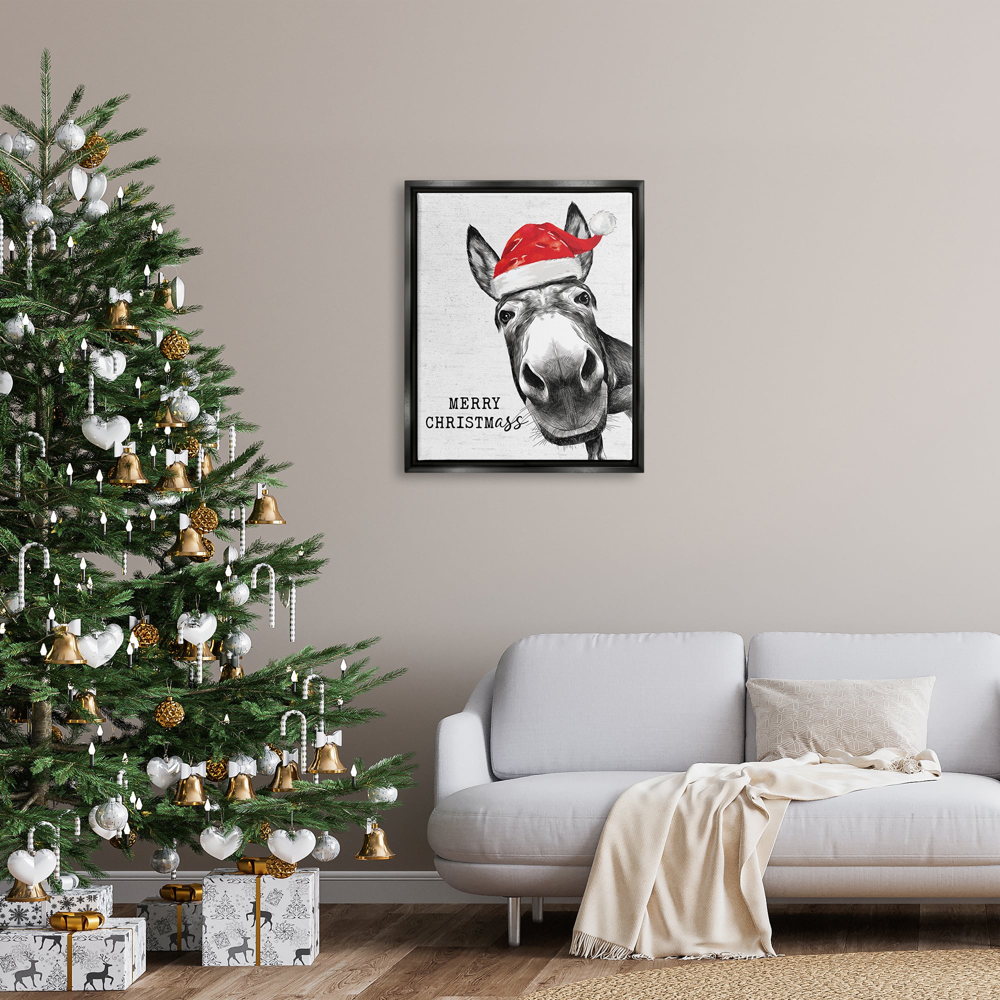 Stupell Industries Merry Christmass Funny Donkey Framed Floater Canvas Wall Art