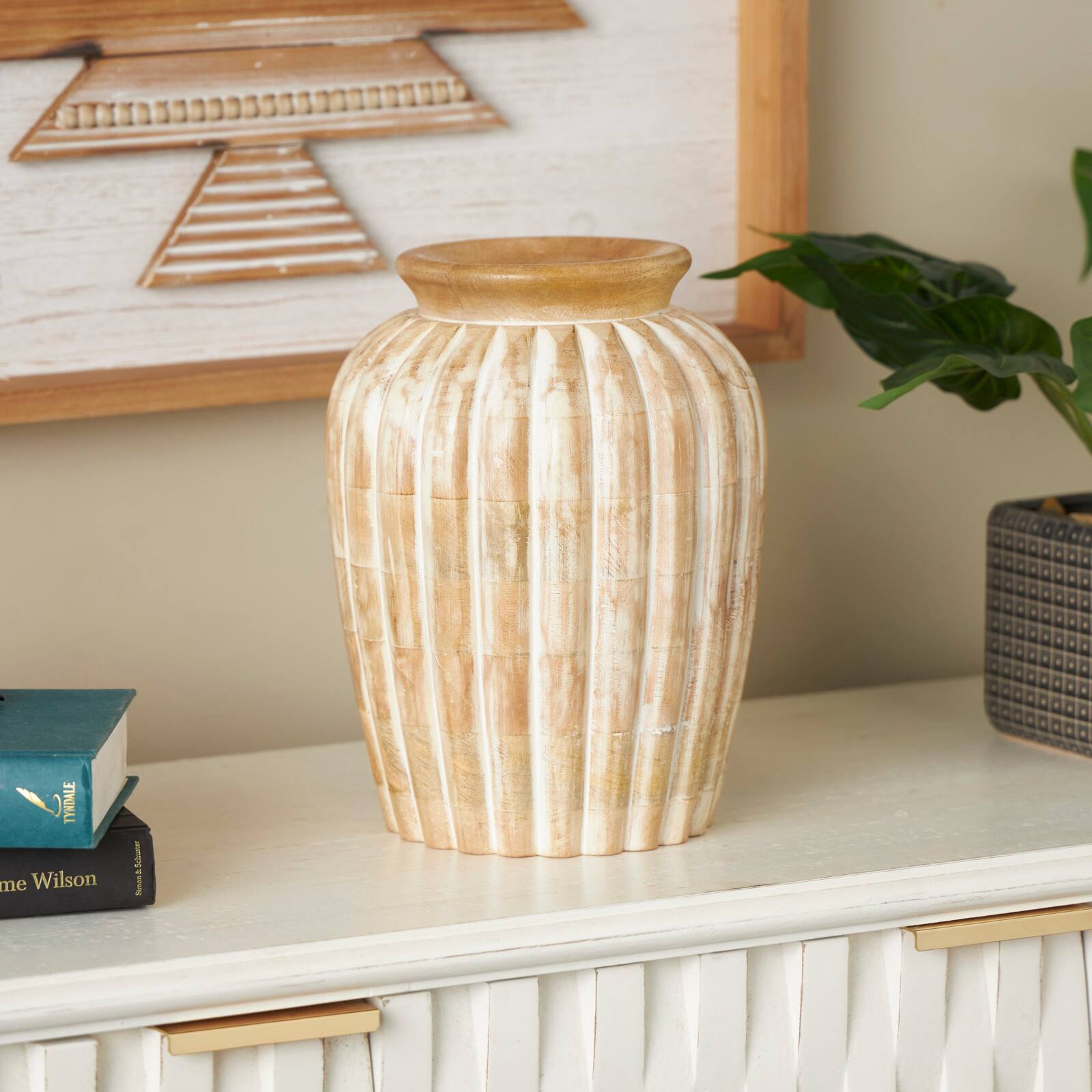 11" Light Brown Mango Wood Distressed Vase with Carved Ridges
