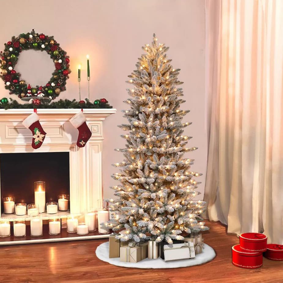 9ft. Pre-Lit Slim Flocked Fraser Fir Artificial Christmas Tree, Clear Lights