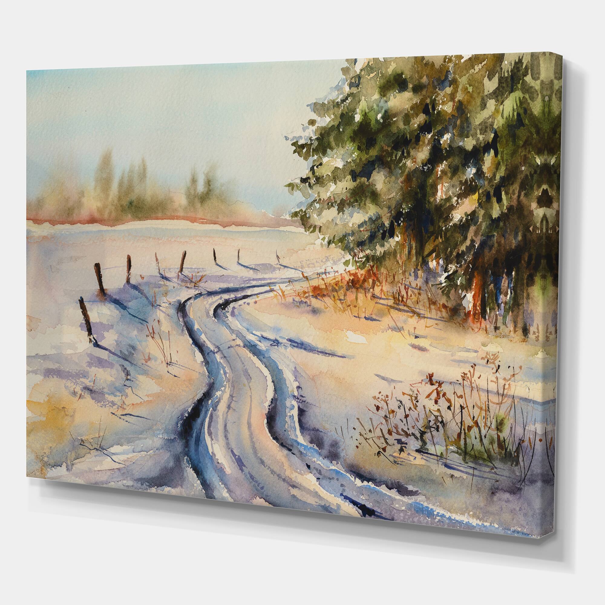 Designart - Snowy Winter Forest Landscape Country Road In Snow