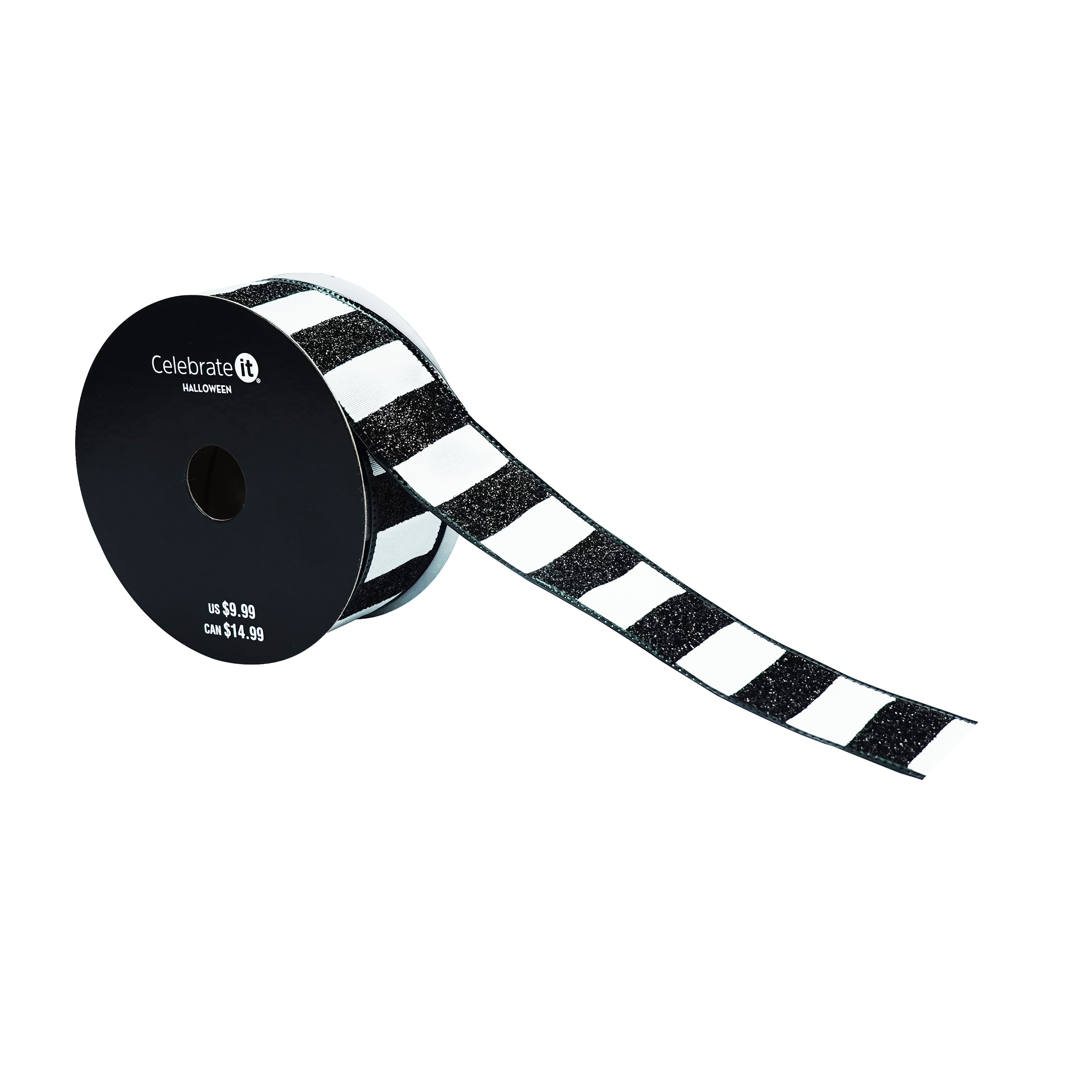 1.5" x 10yd. White & Black Glitter Stripes Wired Taffeta Ribbon by Celebrate It®