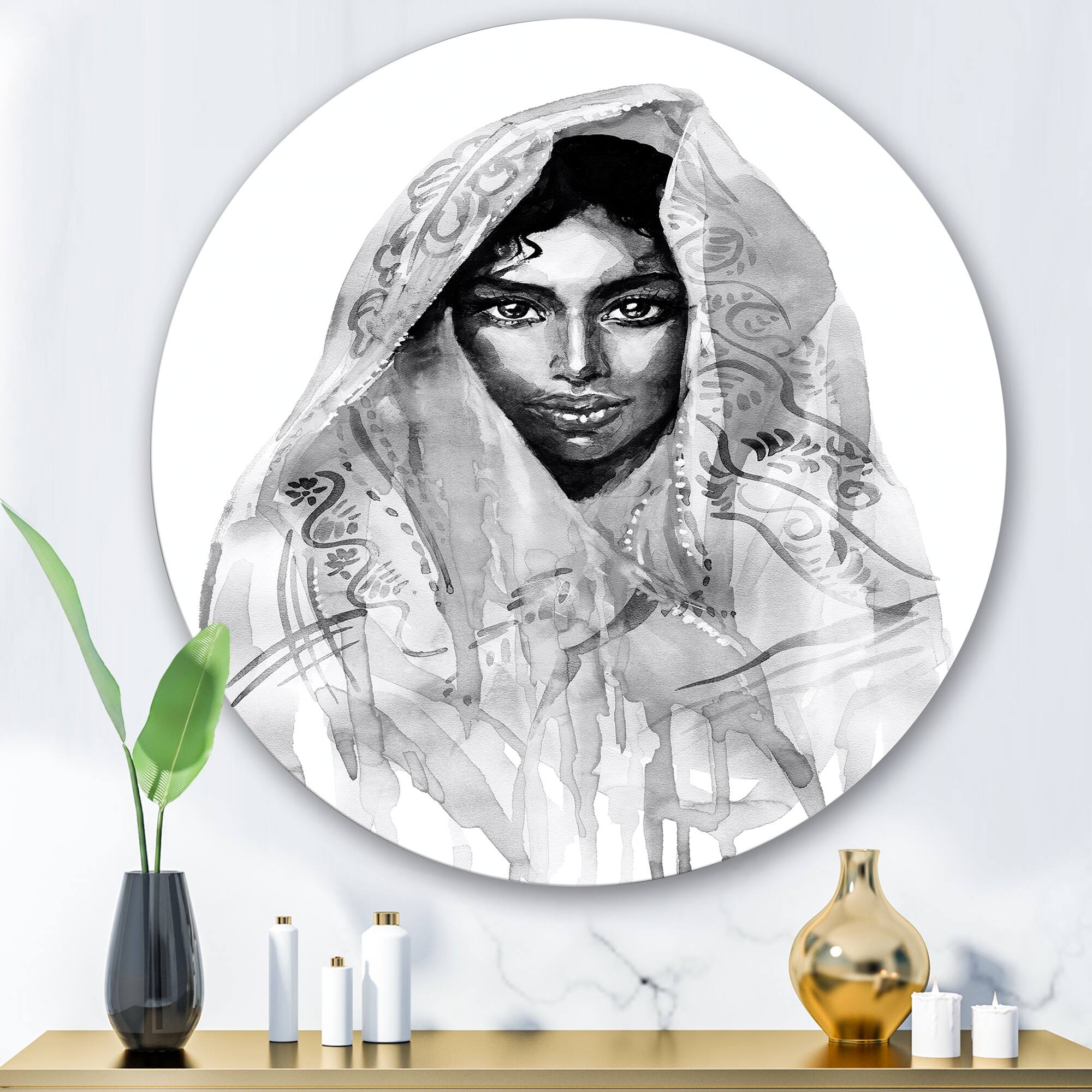 Designart - Monochrome Portrait of Young Indian Woman I - Modern Metal Circle Wall Art