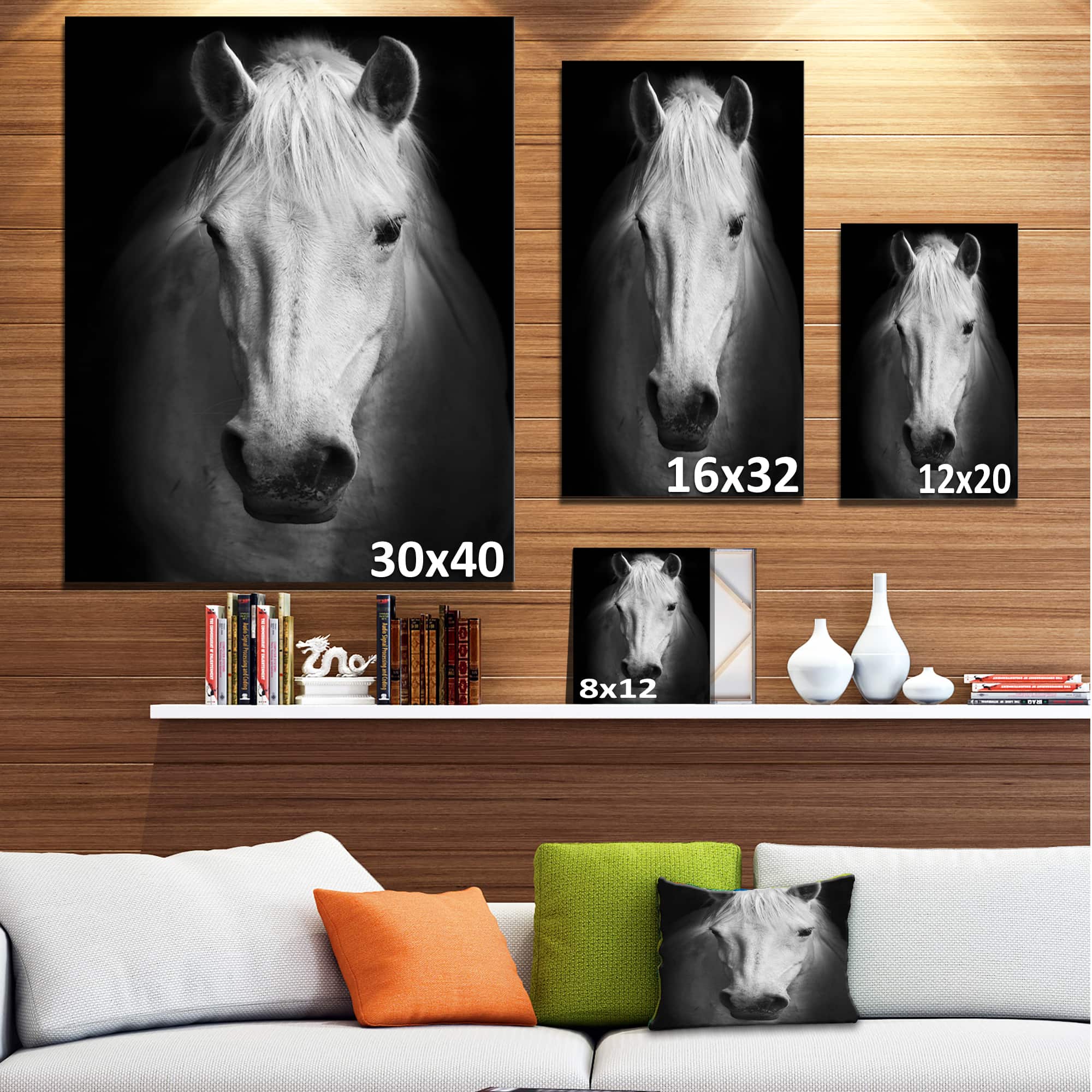 Designart - White Horse Black and White - Animal Canvas Art Print