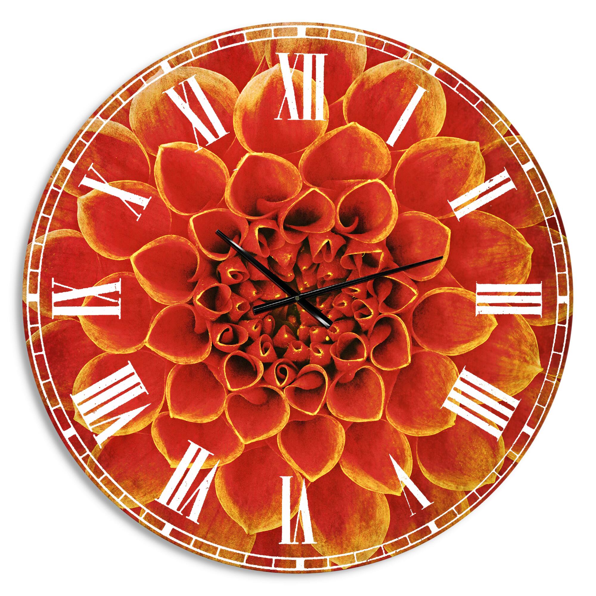 Designart Orange Abstract Flower Design Traditional Wall Clock
