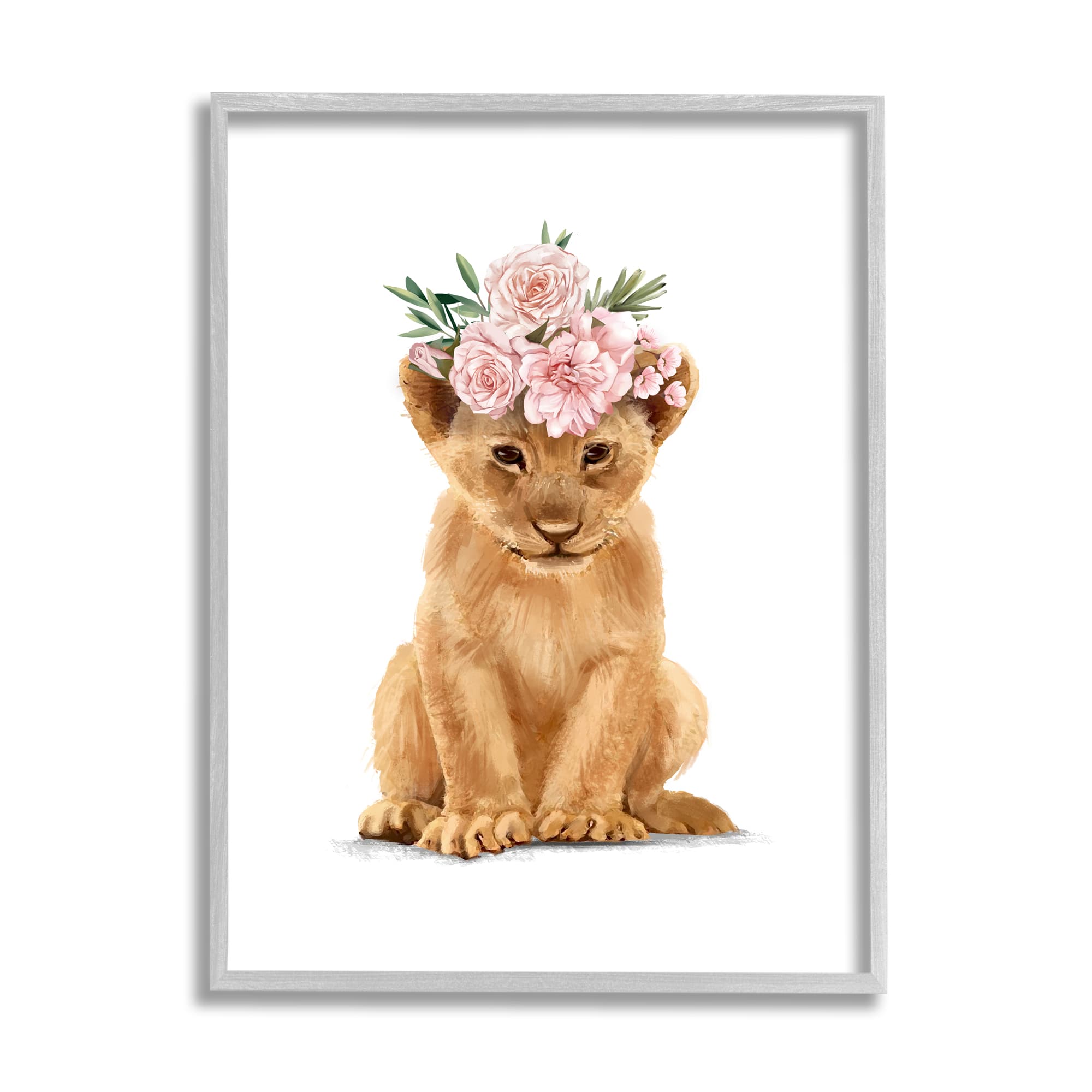 Stupell Industries Boho Rose Floral Crown Lion Cub Safari Animal in Gray Frame Wall Art
