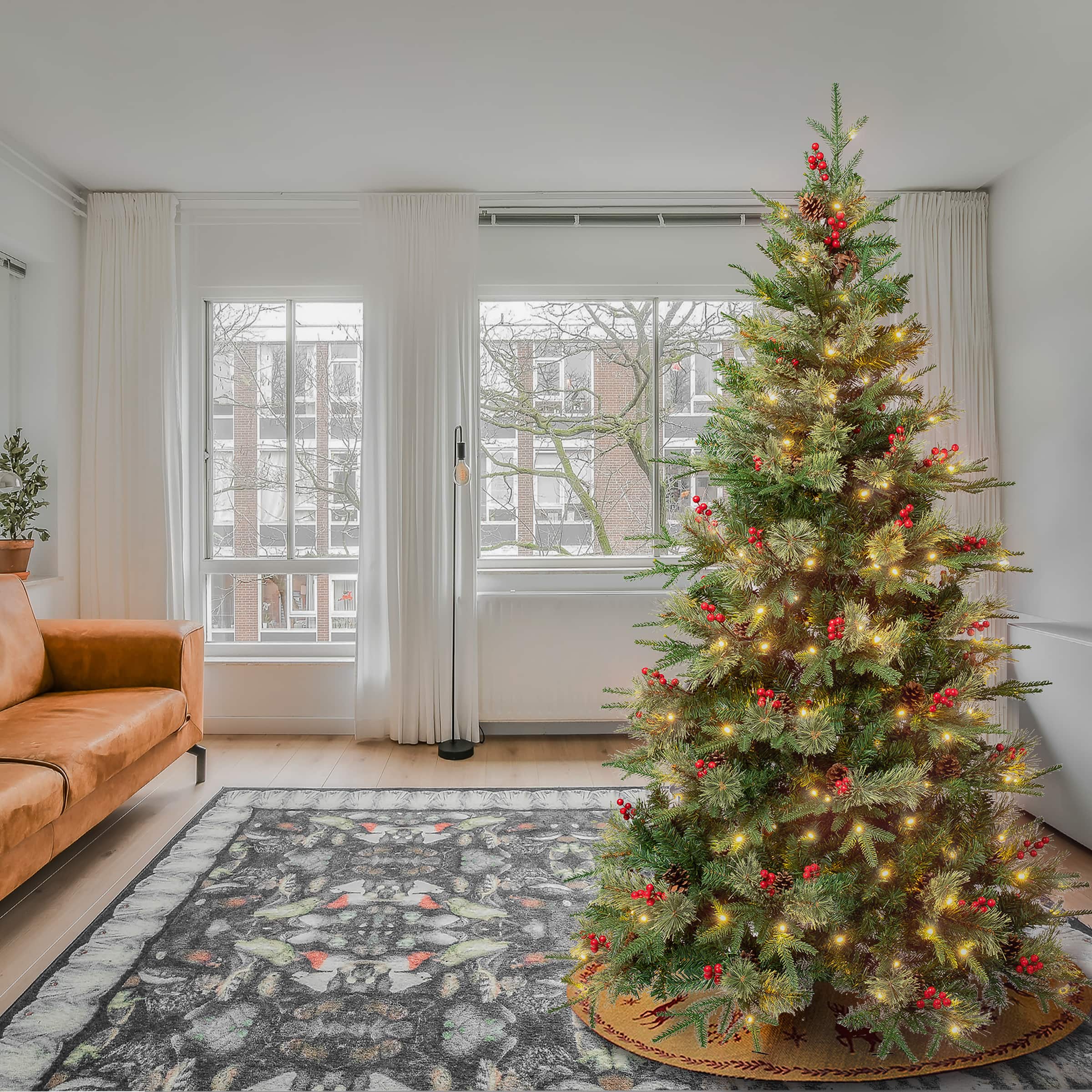 6ft. Pre-Lit Feel-Real® Virginia Pine Artificial Christmas Tree with Berries & Pinecones, Warm White LED Lights