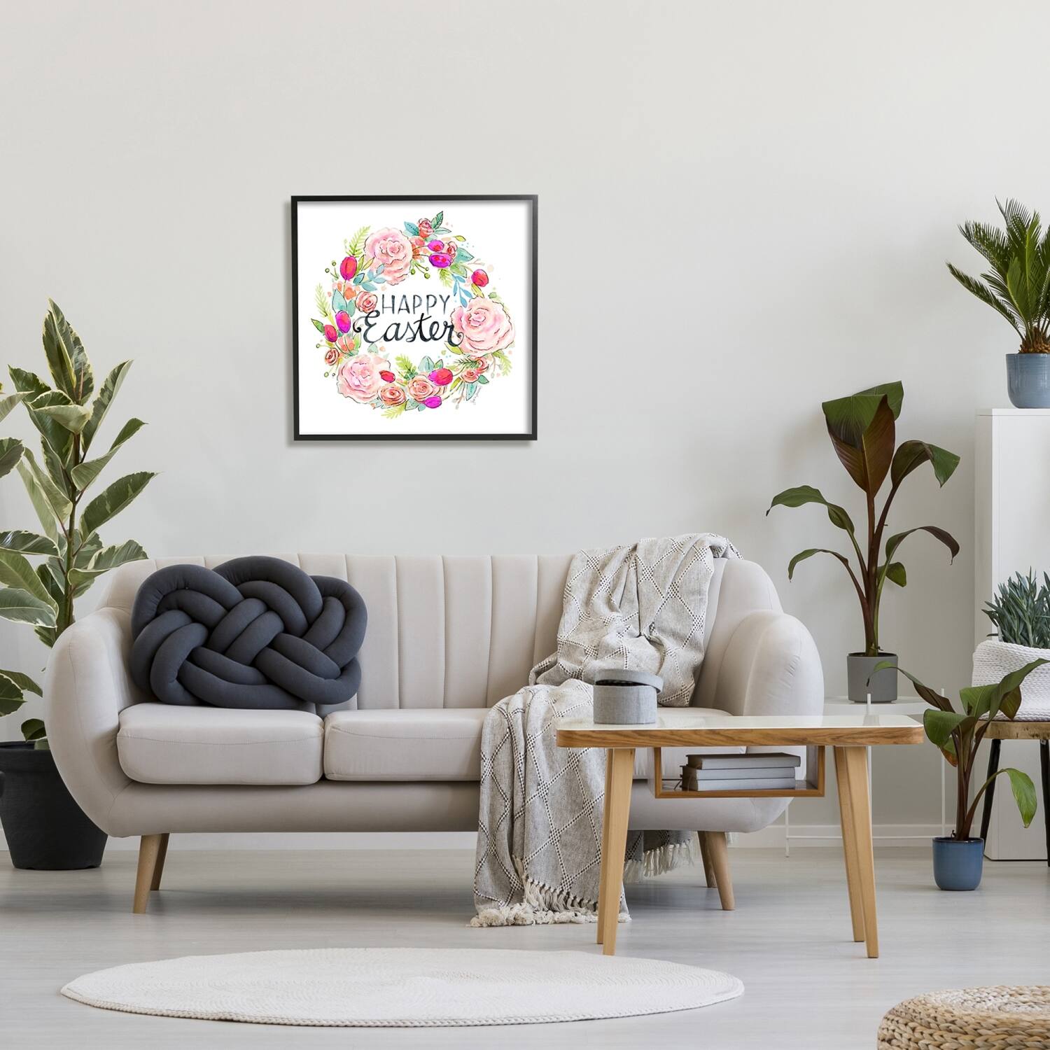 Stupell Industries Happy Easter Vivid Pink Floral Blossom Border Framed Giclee Art