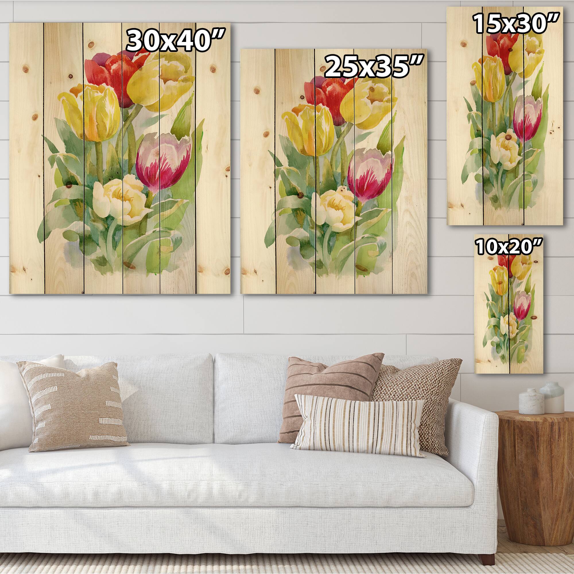 Designart - Bouquet of White and Red Tulips - Traditional Print on Natural Pine Wood