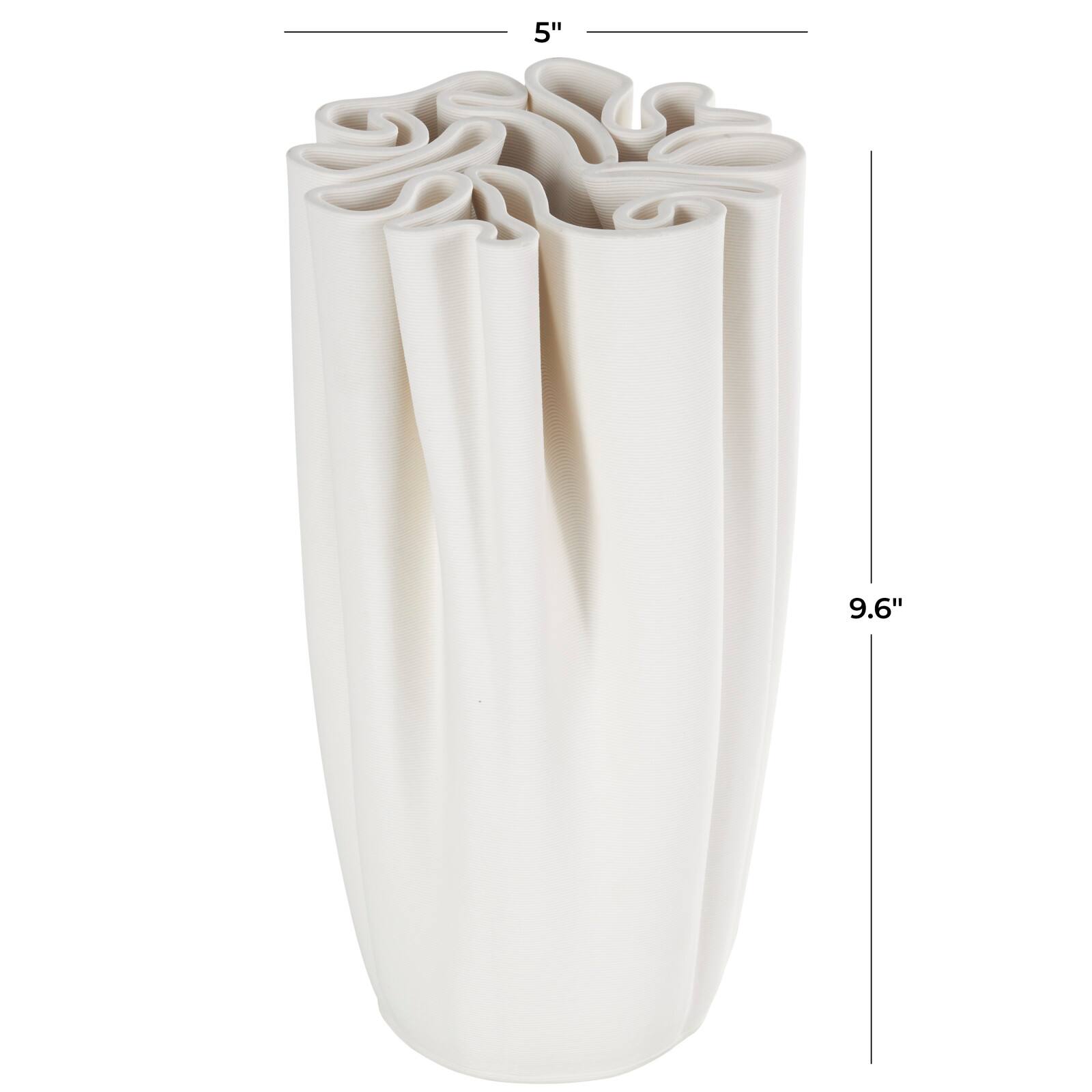 White Ceramic Abstract Ribbed Dimensional Folded Vase with Compact Wavy Rim