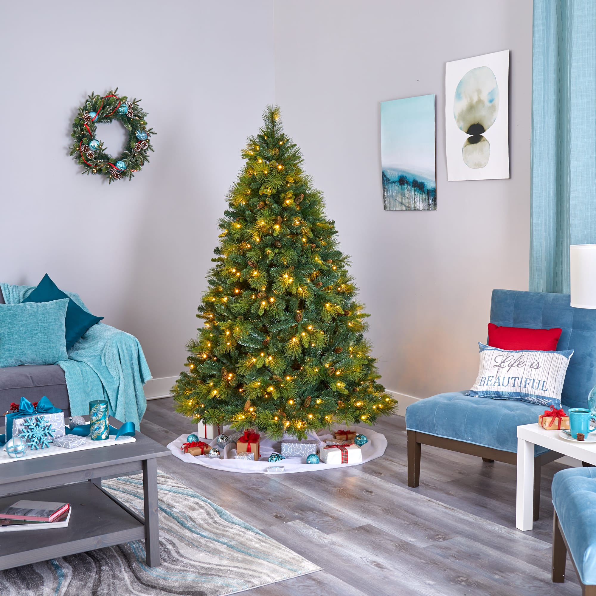 6.5ft. Pre-Lit North Carolina Mixed Pine Artificial Christmas Tree, Warm White LED Lights
