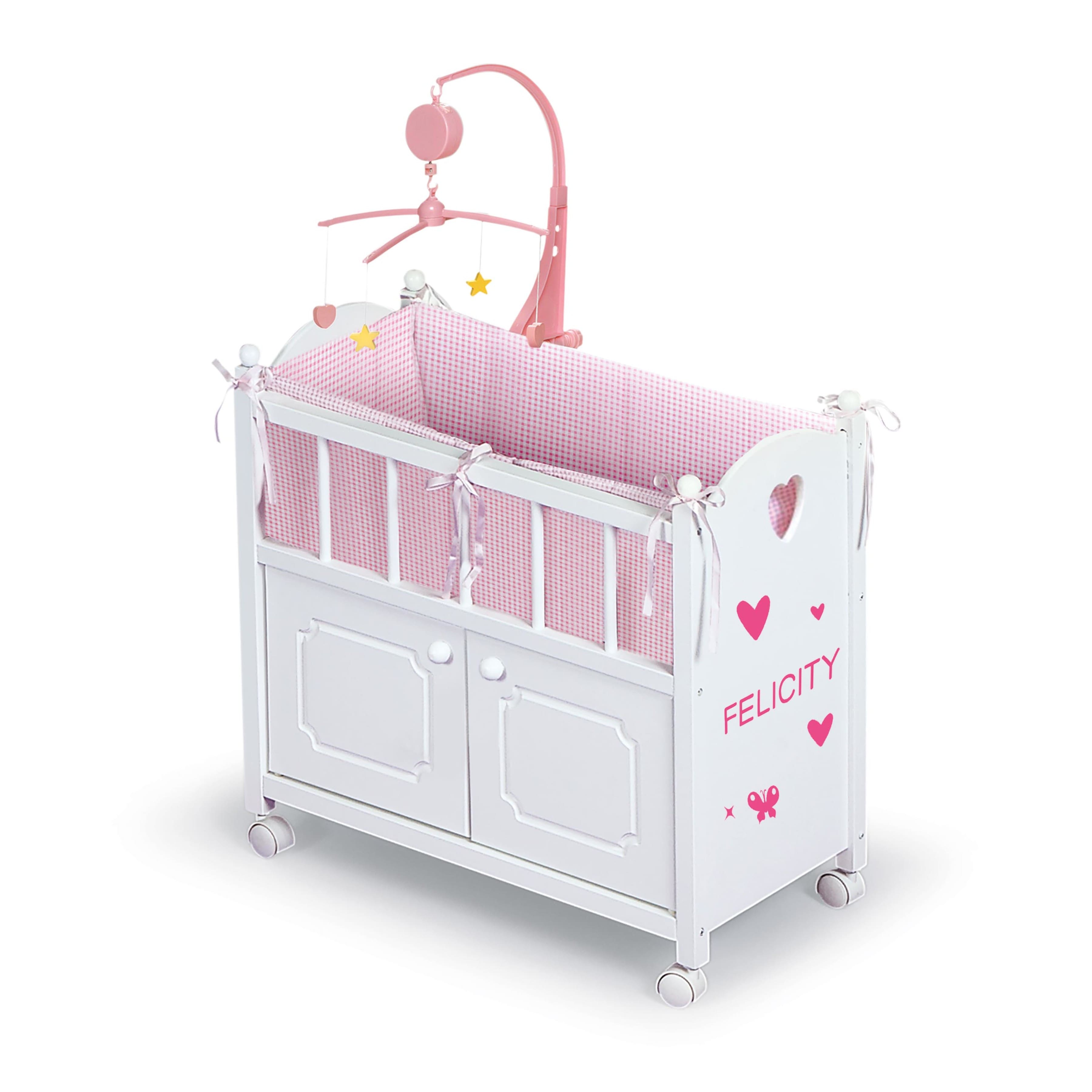 Badger Basket White & Pink Cabinet Doll Crib with Gingham Bedding