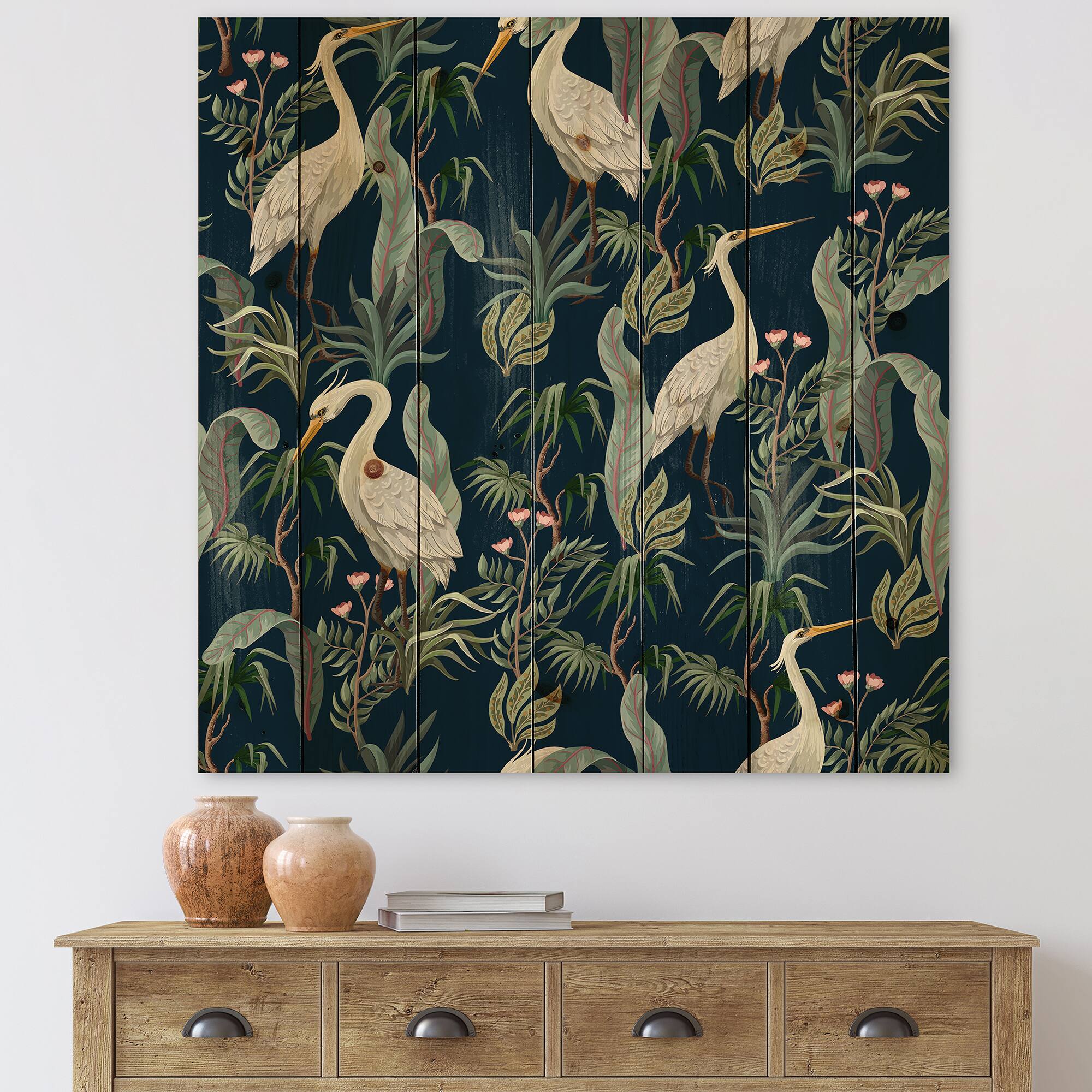 Designart - Chinoiserie With Birds and Peonies VII - Traditional Print on Natural Pine Wood