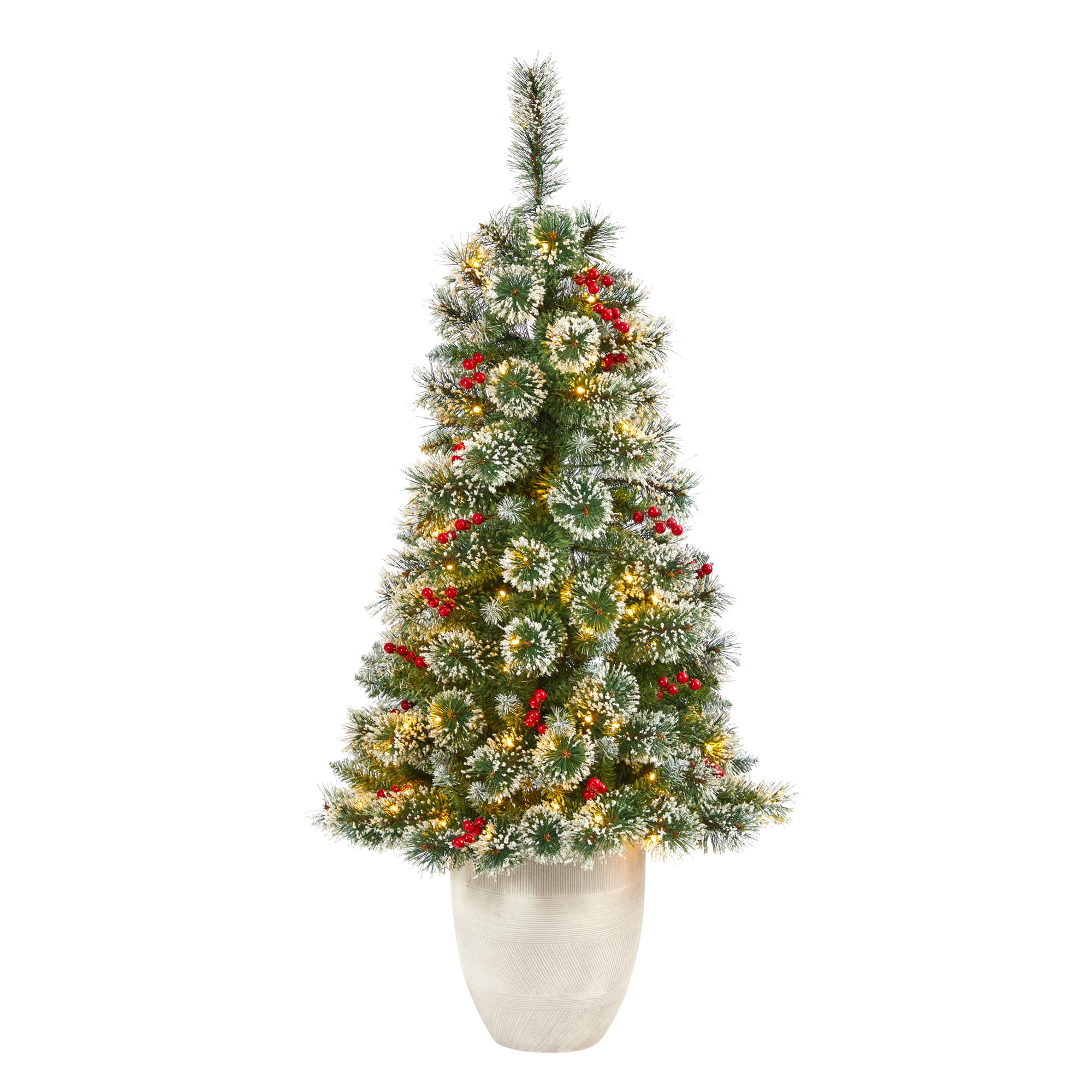 4ft. Pre-Lit Potted Frosted Swiss Pine with Berries Artificial Christmas Tree, Clear LED Lights