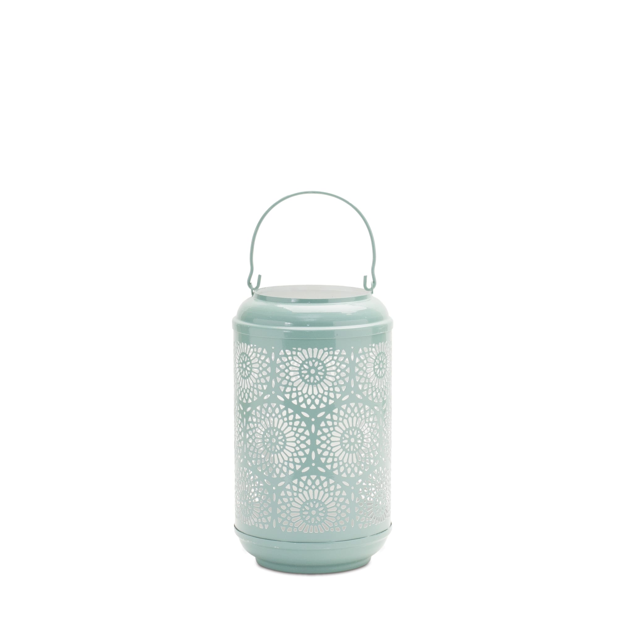 Green Punched Metal Lantern Candle Holder Set