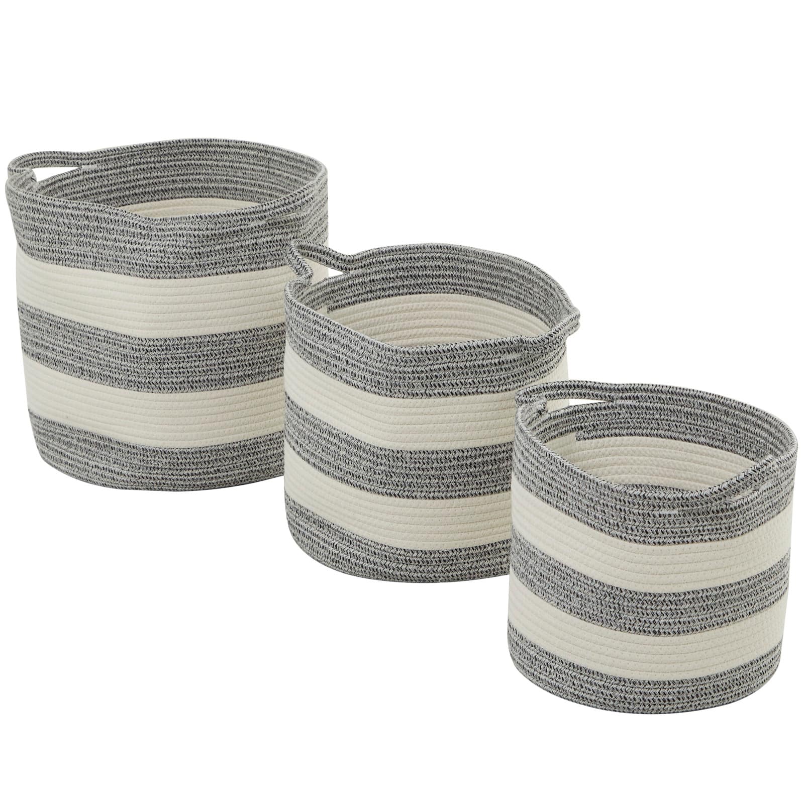 Gray Cotton Handmade Striped Storage Basket with Handles Set of 3 14", 12", 10"