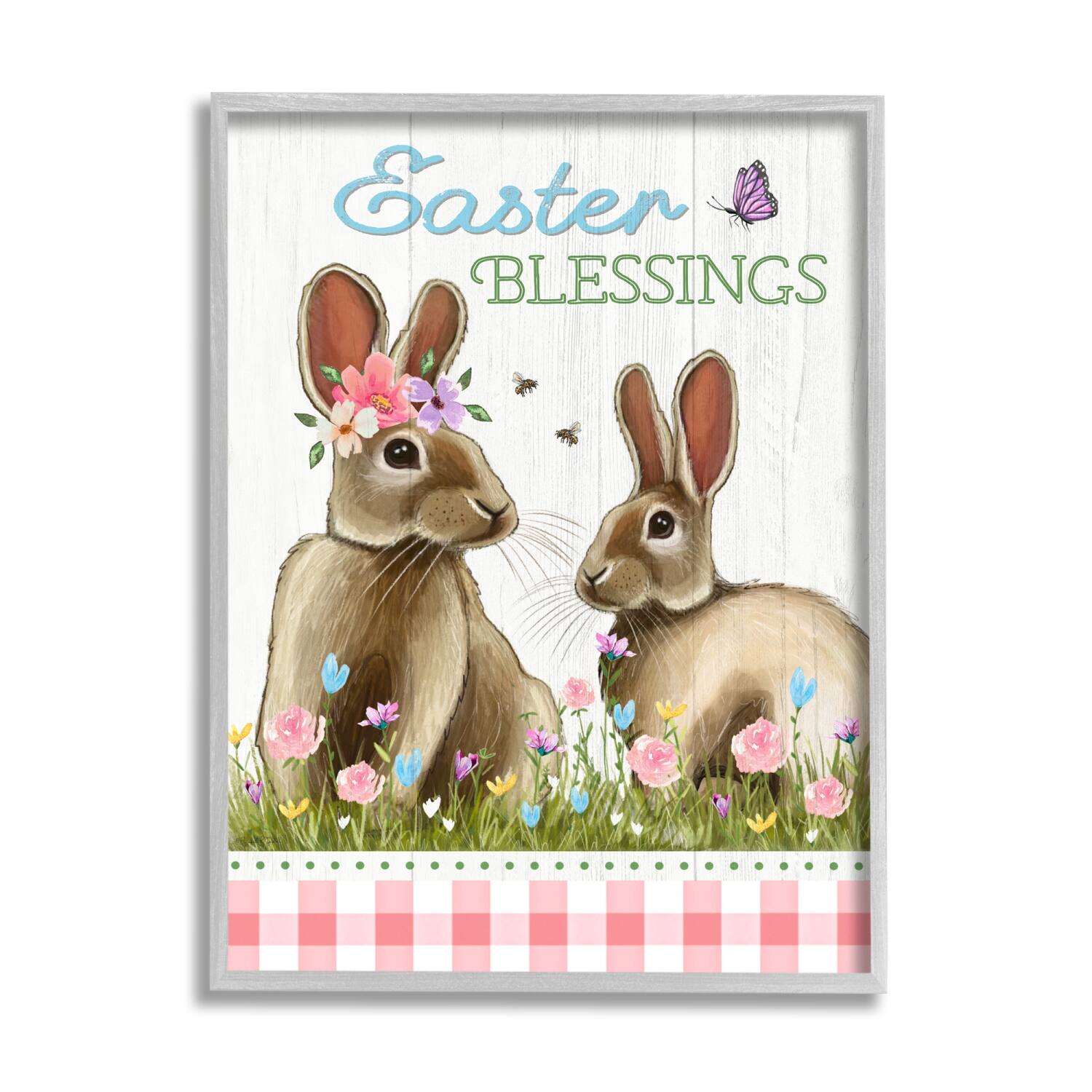 Stupell Industries Easter Blessings Gingham Spring Bunnies Framed Giclee Art