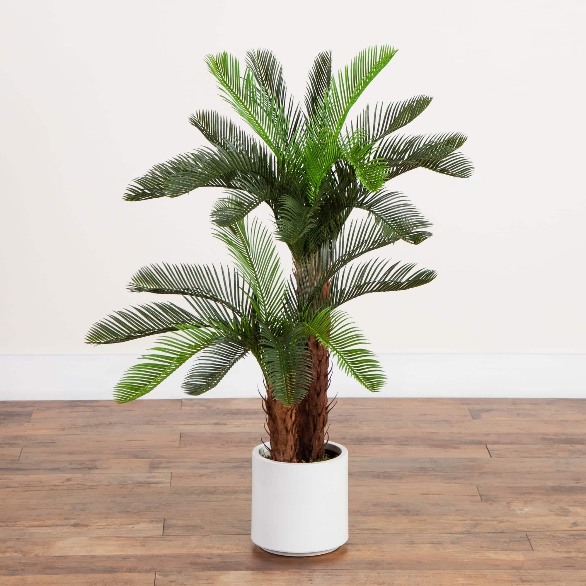 40in. UV Resistant Artificial Double Cycas Palm Tree in White Decorative Planter (Indoor/Outdoor)