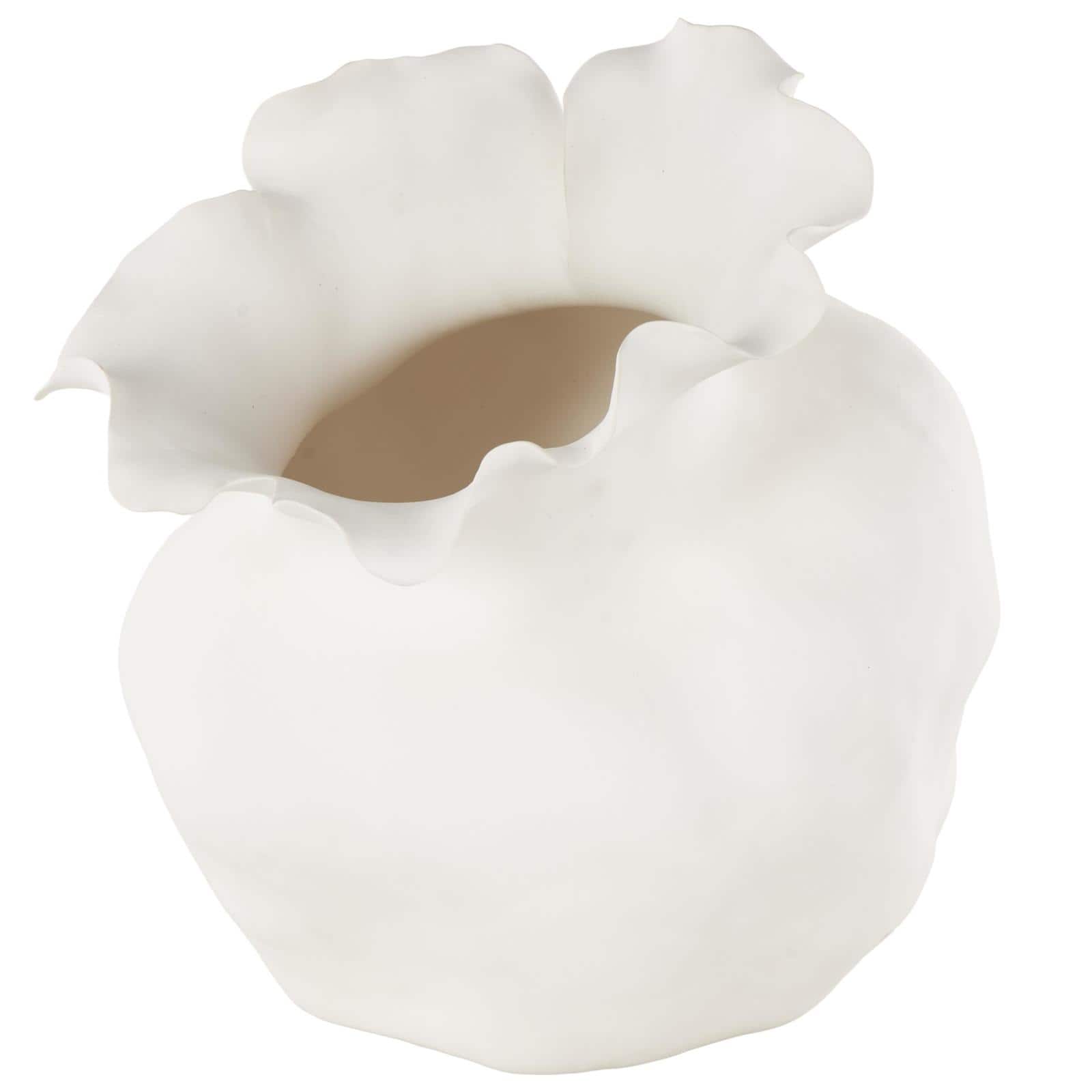 13" White Abstract Wide Rounded Floral Shaped Ceramic Decorative Vase with Petal Rim