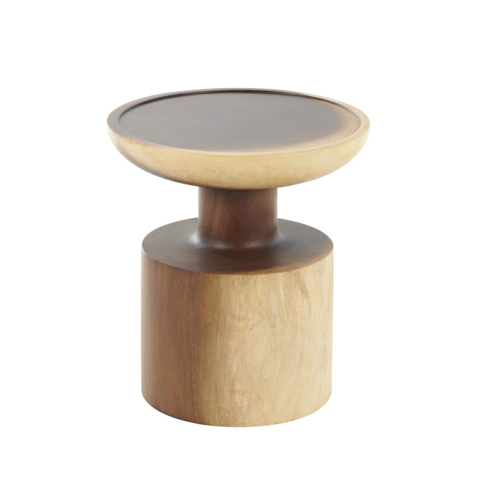 18" x 16" Natural Brown Round Handmade Albizia Wood Accent Table with Cylindrical Base