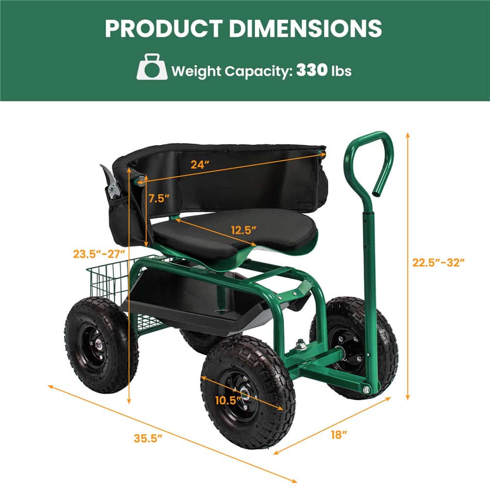 Costway Height-Adjustable Rolling Garden Cart Scooter with Swivel Seat, Tool Tray & Storage Basket