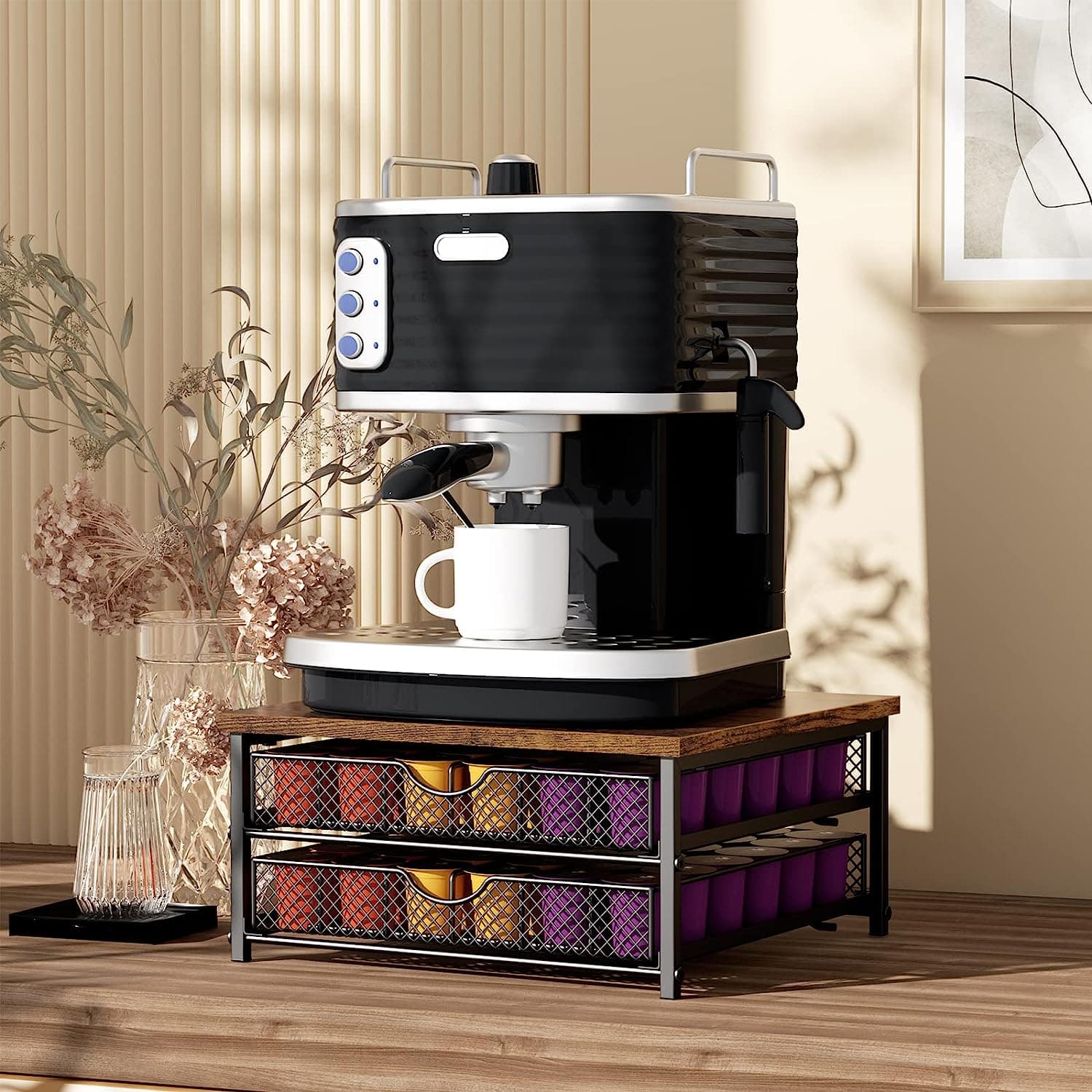 Black 2-Tier 72 Pods Drawer Coffee Organizer for K Cup