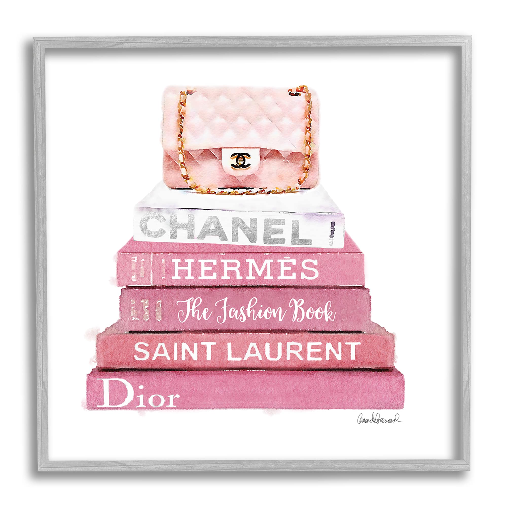Stupell Industries Pink Book Stack Fashion Handbag in Frame Wall Art