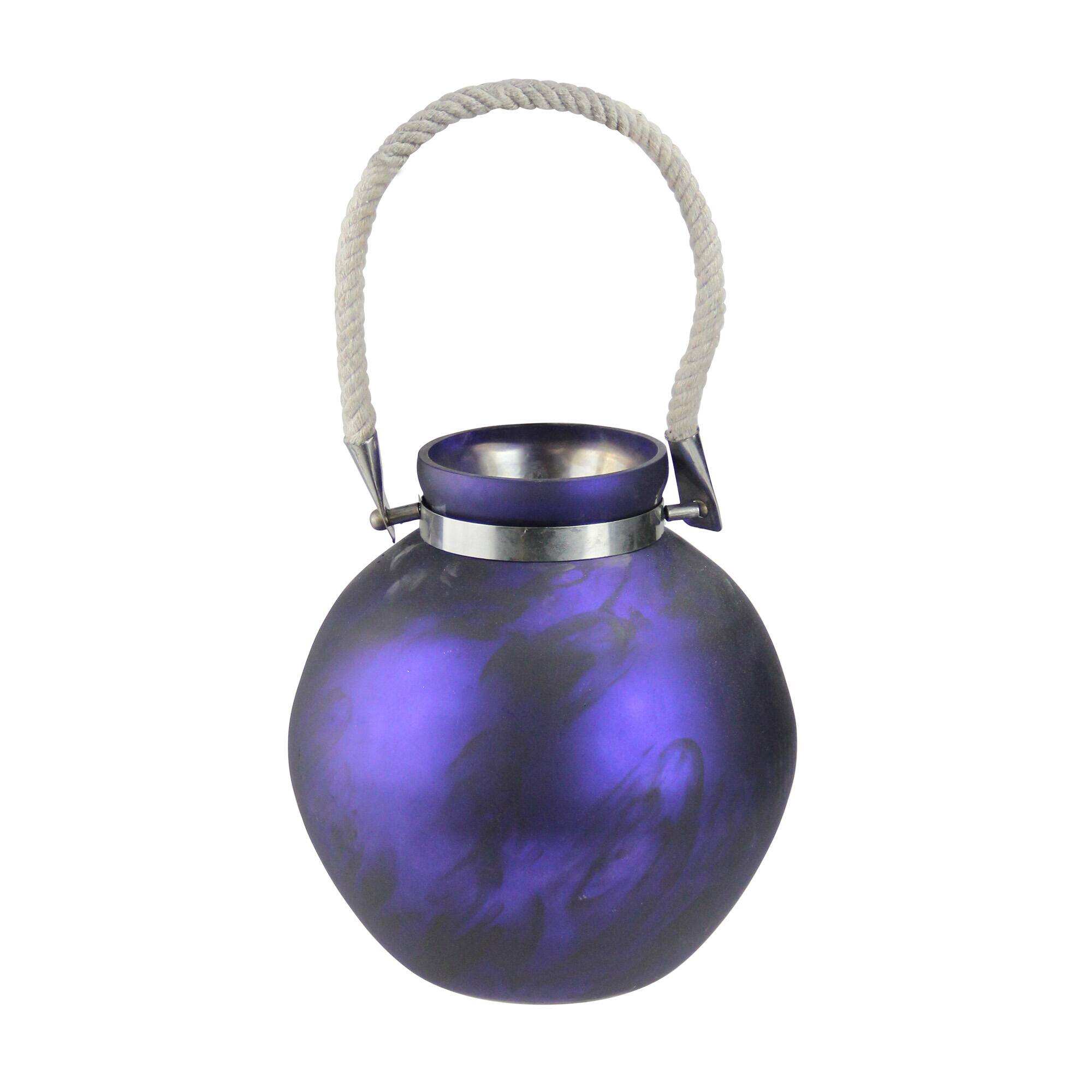 14.5" Seaside Treasures Indigo & Black Marbled Glass Hurricane With Rope Handle
