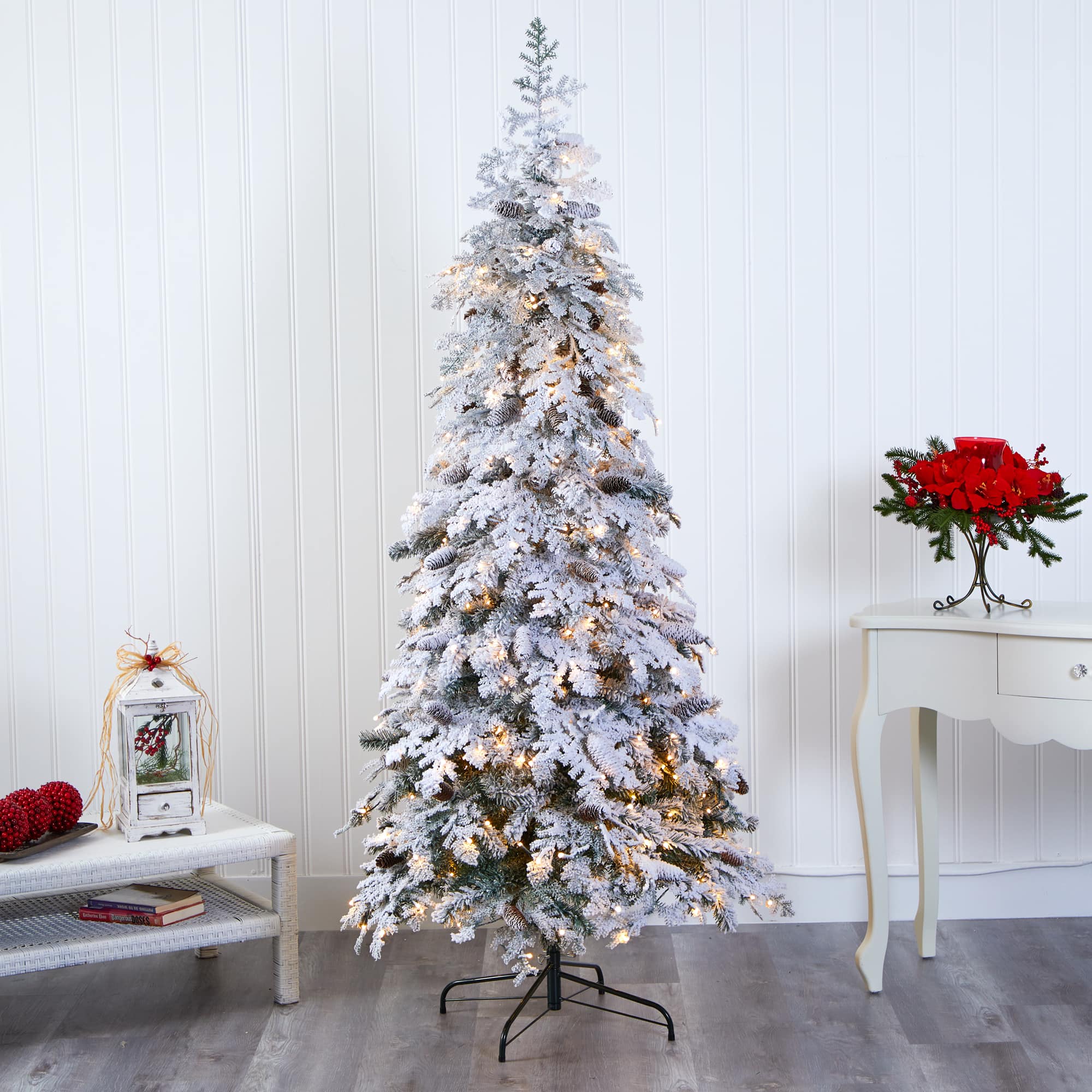 7ft. Pre-Lit Flocked Montana Down Swept Spruce & Pinecones Artificial Christmas Tree with Clear LED Lights