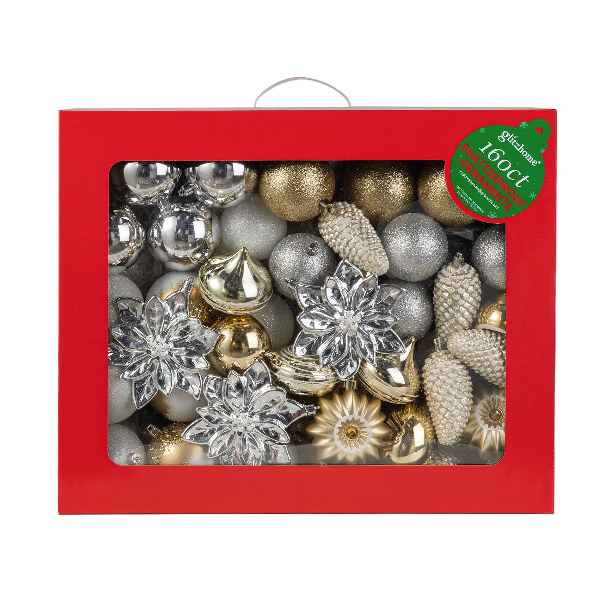 Glitzhome® 160 Pack Elegant Silver & Gold Deluxe Boxed Shatterproof Ornaments