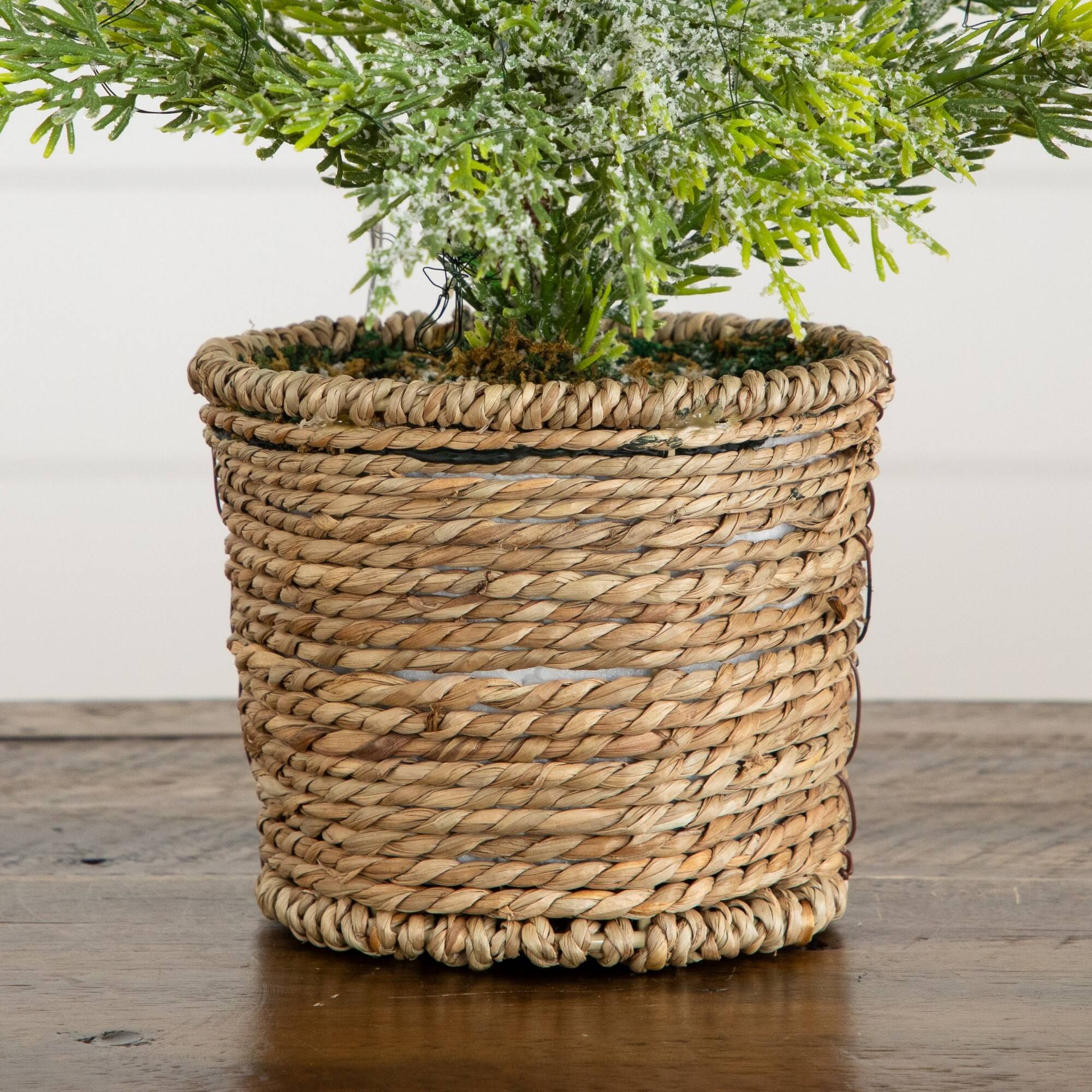 Nearly Natural 18" Pre-Lit Artificial Snowed Cypress Christmas Tree in Hyacinth Basket, Warm White LED Lights