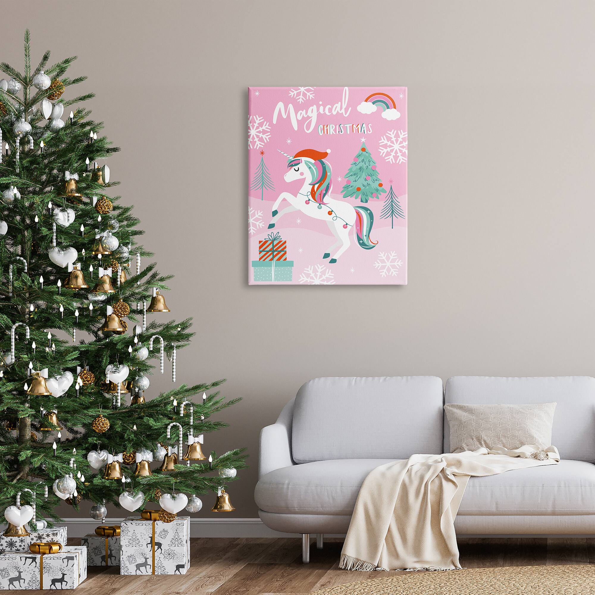 Stupell Industries Magical Christmas Pink Unicorn Canvas Wall Art